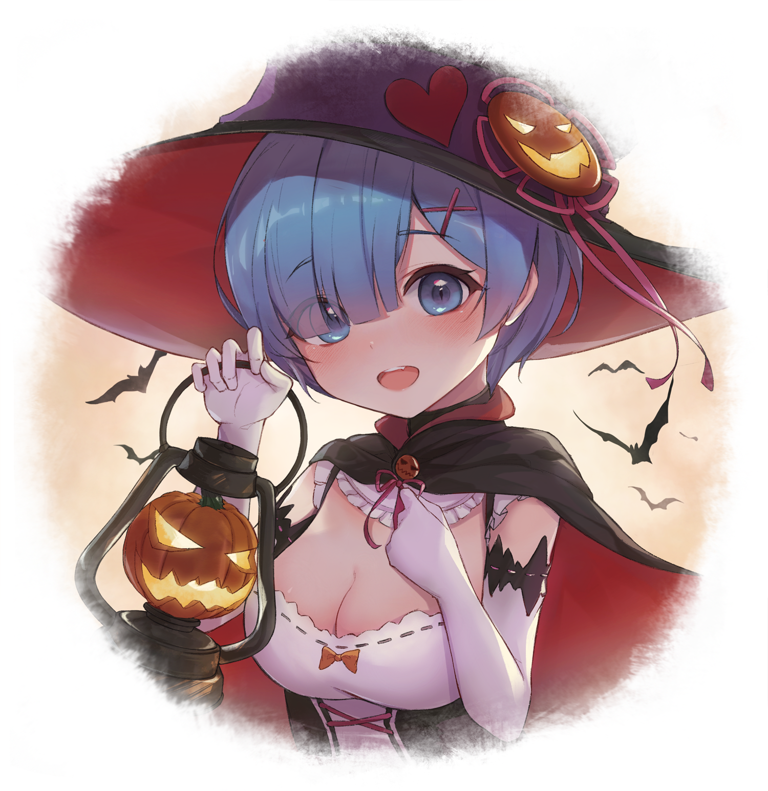 Anime 1500x1546 cleavage Rem (Re:Zero) Re:Zero Kara Hajimeru Isekai Seikatsu Halloween holding boobs witch white background