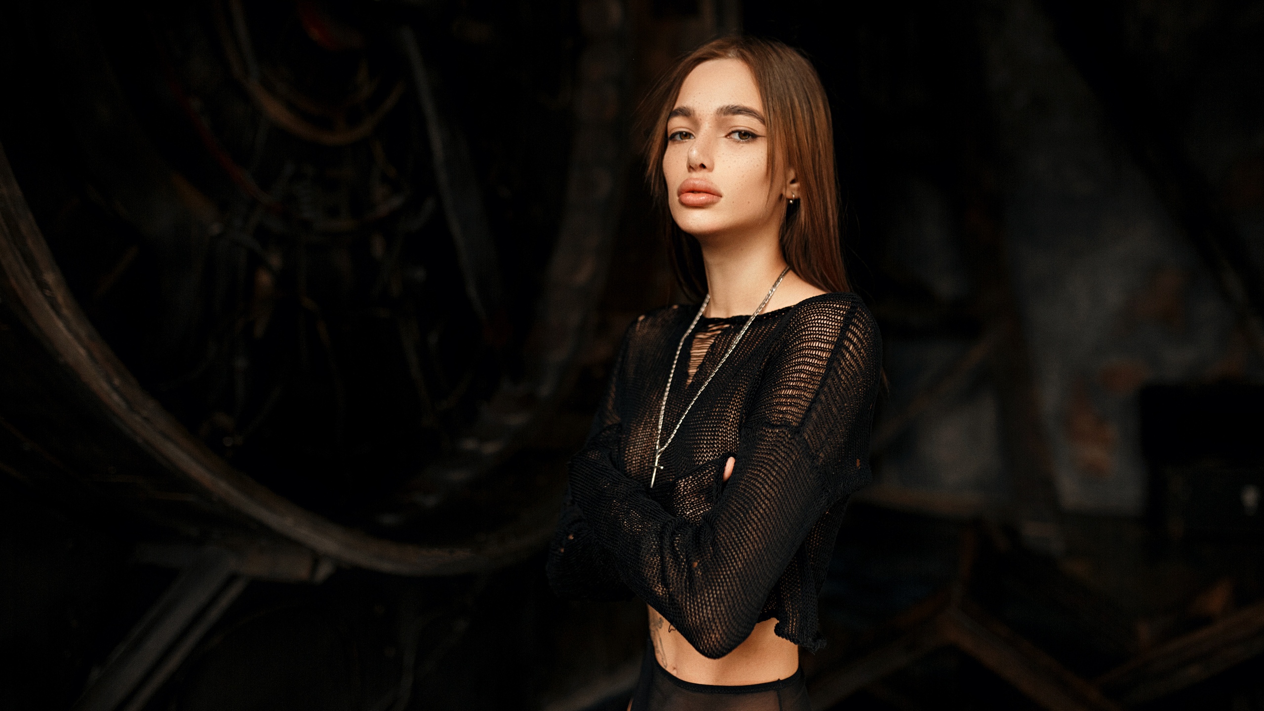 People 2560x1440 Anastasia Zakieva women model brunette looking at viewer brown eyes black top knit fabric see-through blouse necklace arms crossed belly tattoo indoors Russian women Russian fake lips