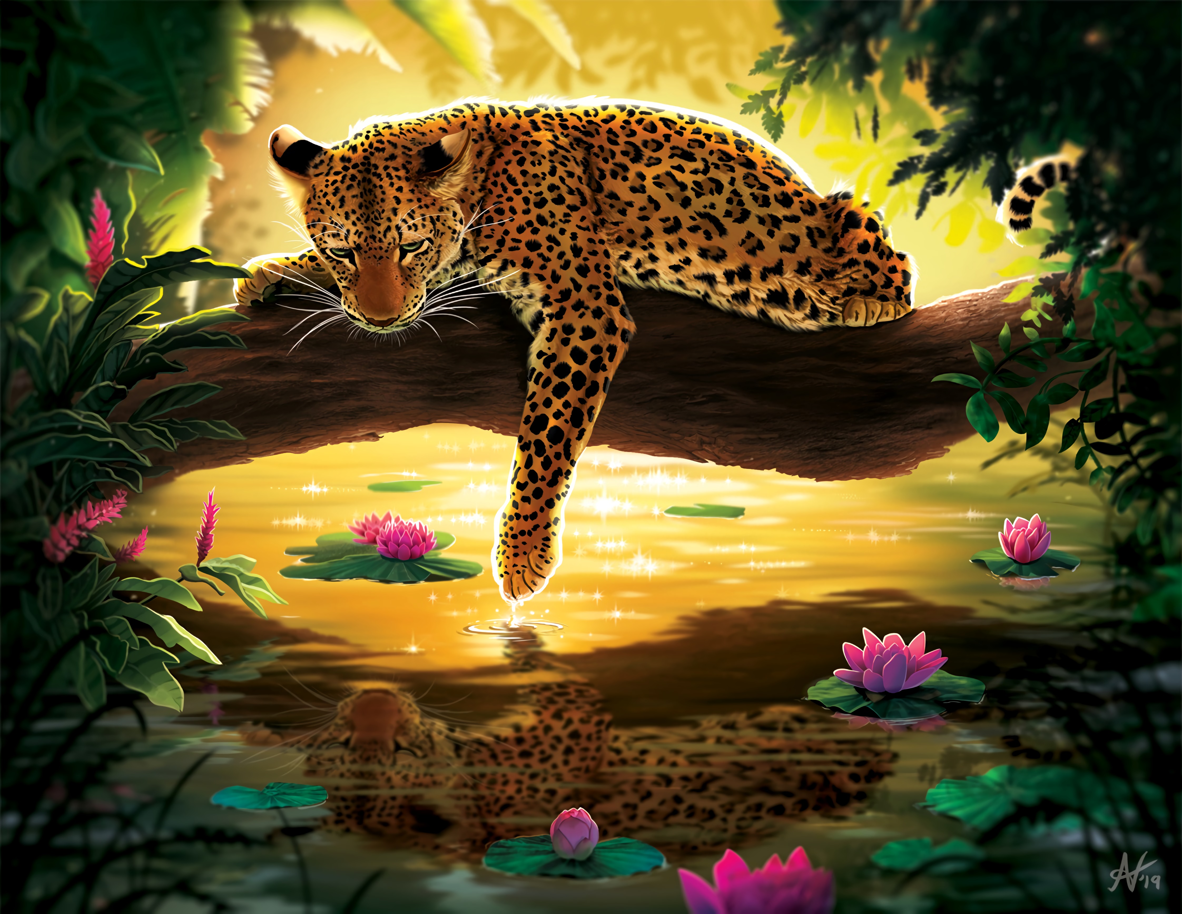 General 4488x3468 animals nature leopard flowers plants water leaves artwork digital art