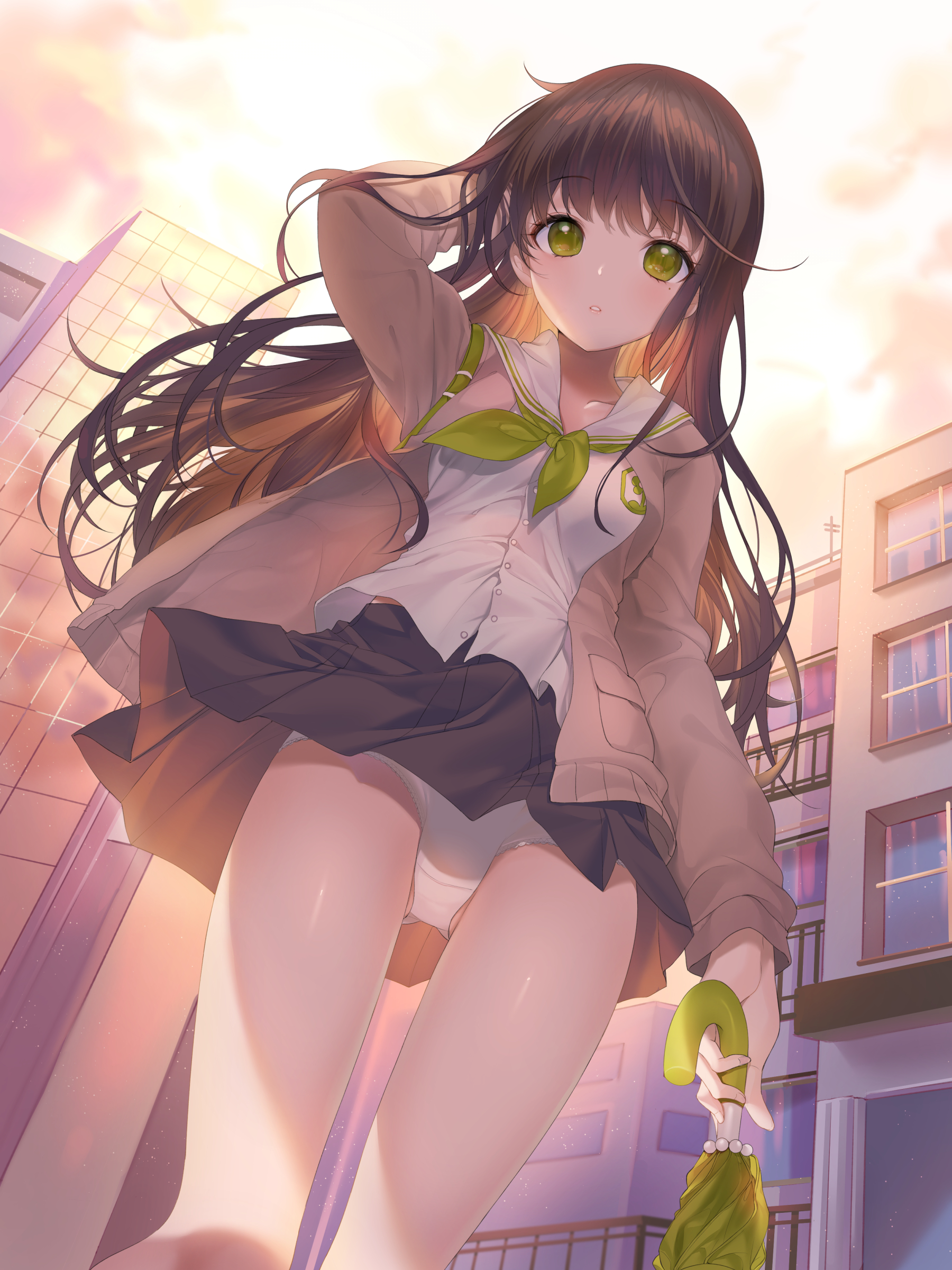 Anime 1800x2400 anime anime girls digital art artwork 2D portrait display Atsumaru low-angle upskirt panties school uniform brunette green eyes