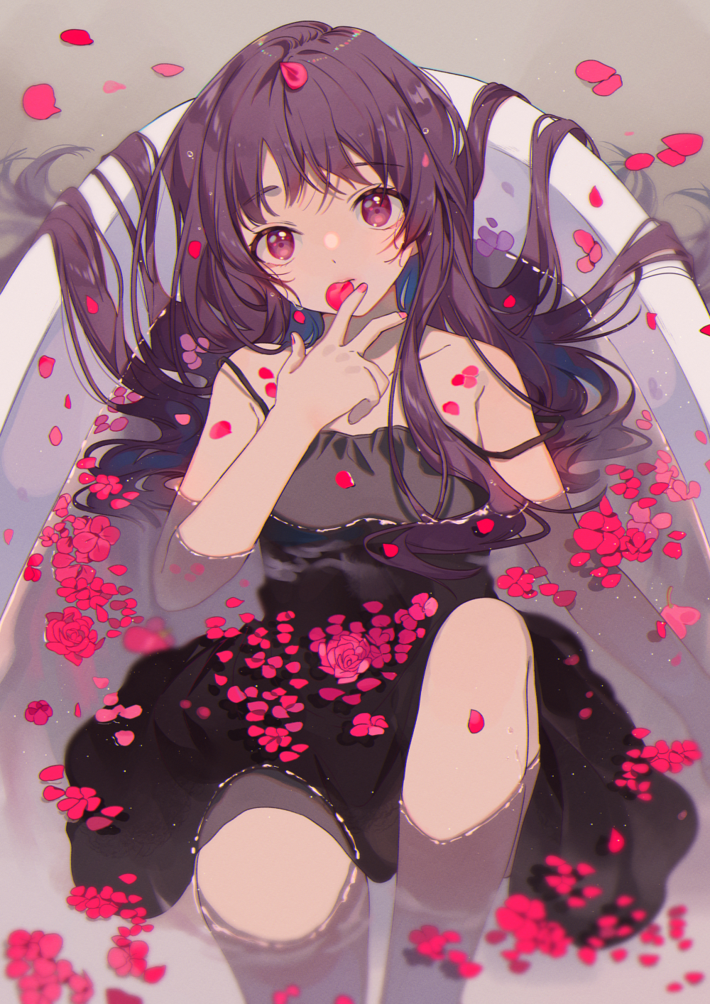 Anime 1000x1414 anime girls anime original characters Omutatsu flowers petals in bathtub dress long hair