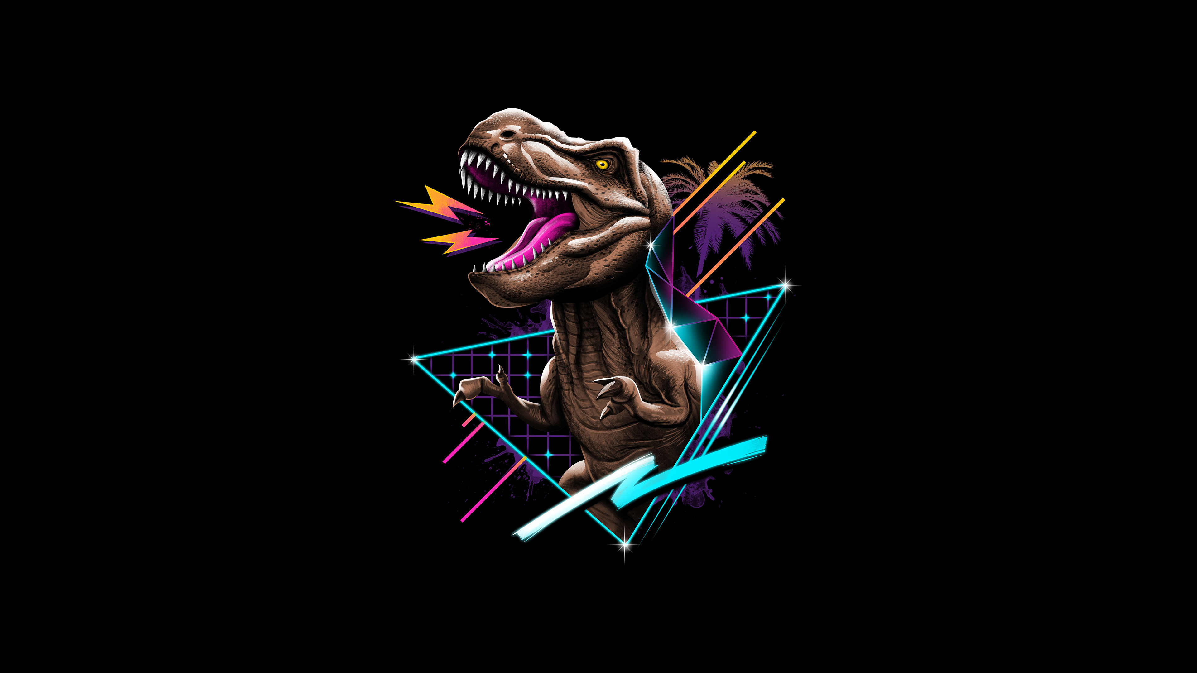 General 3840x2160 black dark background black background simple background digital art artwork illustration dinosaurs Tyrannosaurus rex retro style retrowave lights lines