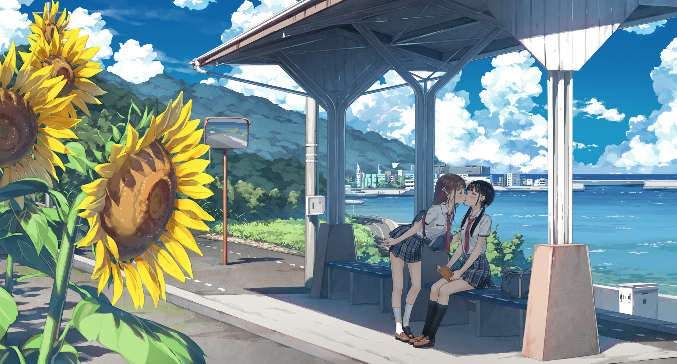 Anime 2218x1194 yuri sunflowers kissing anime girls anime miniskirt sky flowers outdoors school uniform landscape artwork Kantoku
