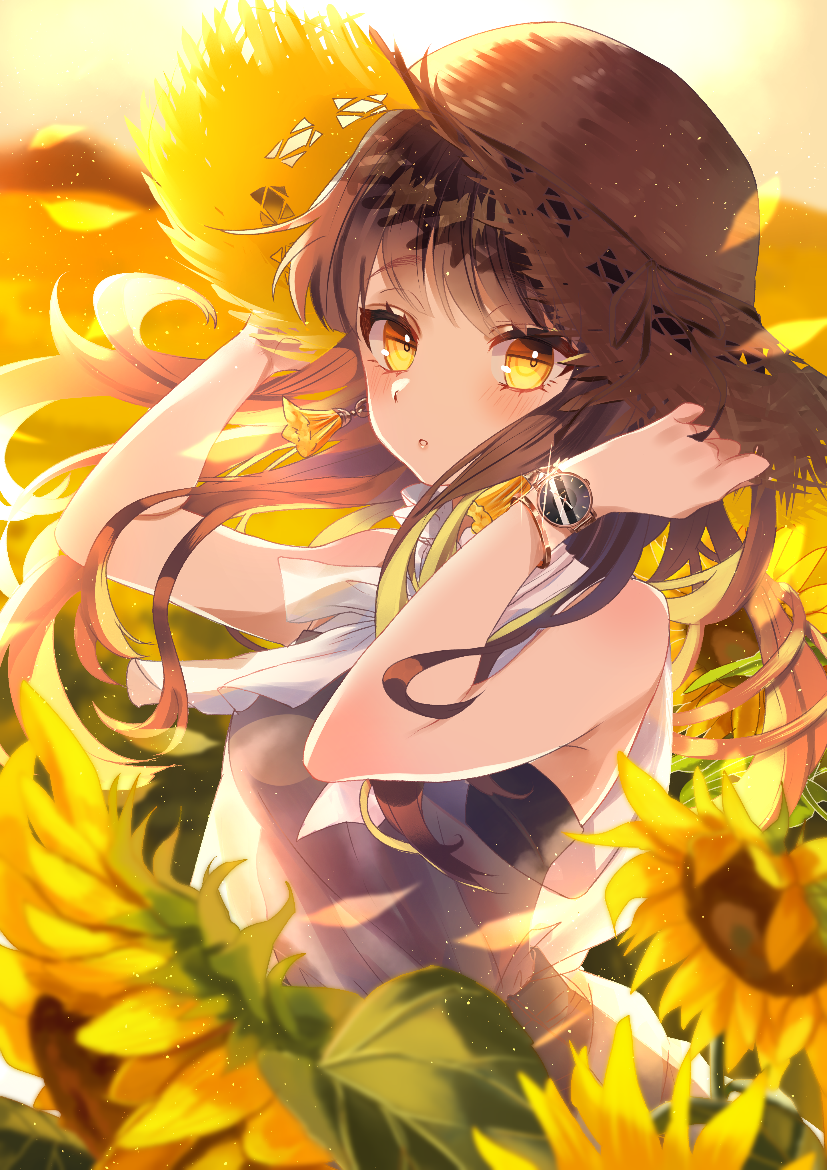 Anime 2894x4093 anime anime girls long hair brunette yellow eyes straw hat flowers original characters wristwatch sunflowers