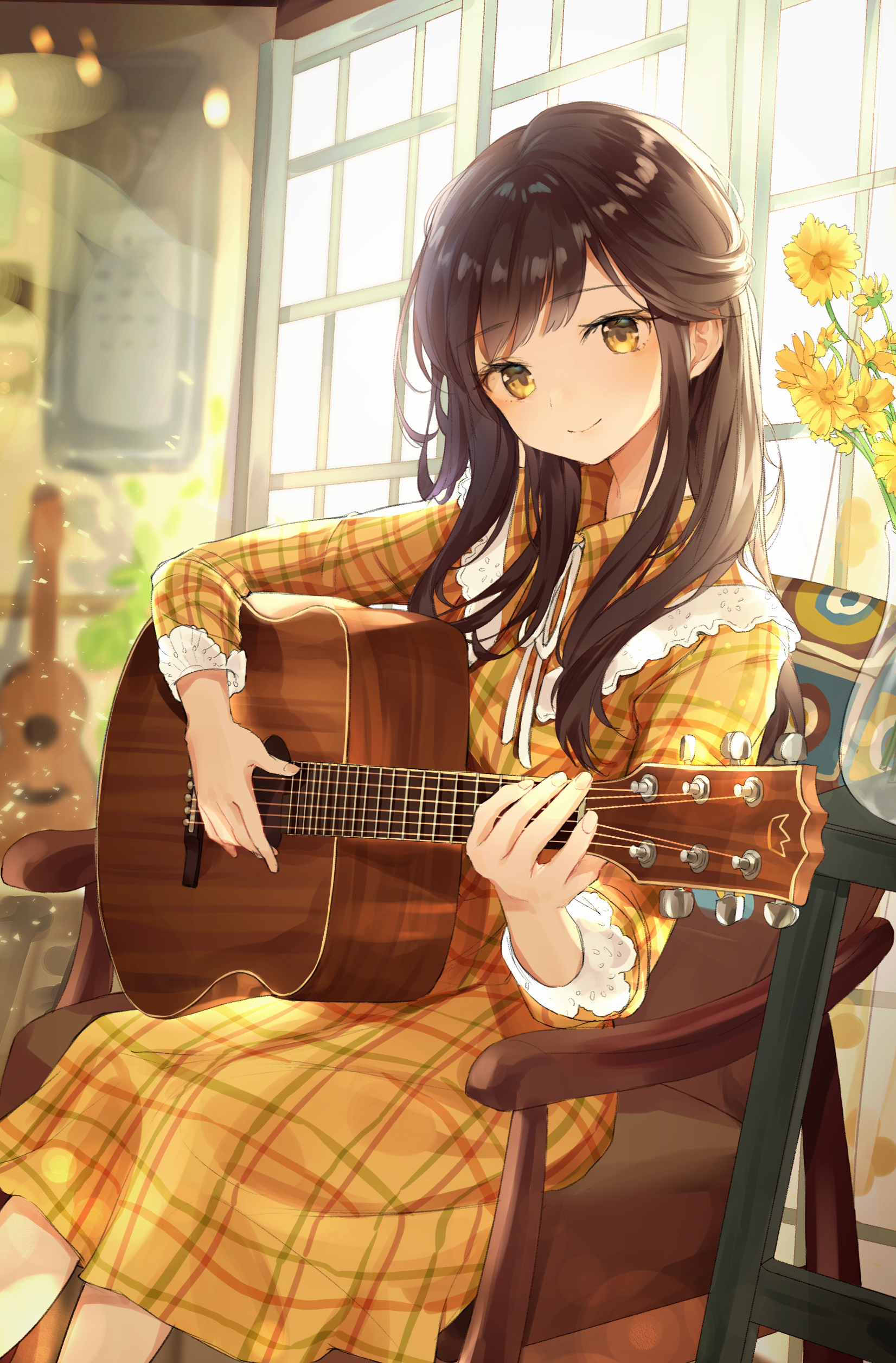 Anime 1652x2512 anime anime girls portrait display guitar long hair flowers yellow eyes brunette dress artwork Nabi