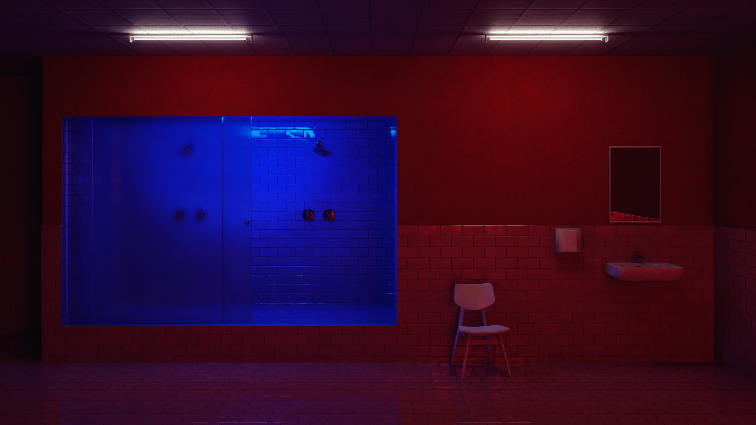 General 2560x1440 CGI digital art bathroom neon shower red blue tiles chair mirror minimalism interior design creepy