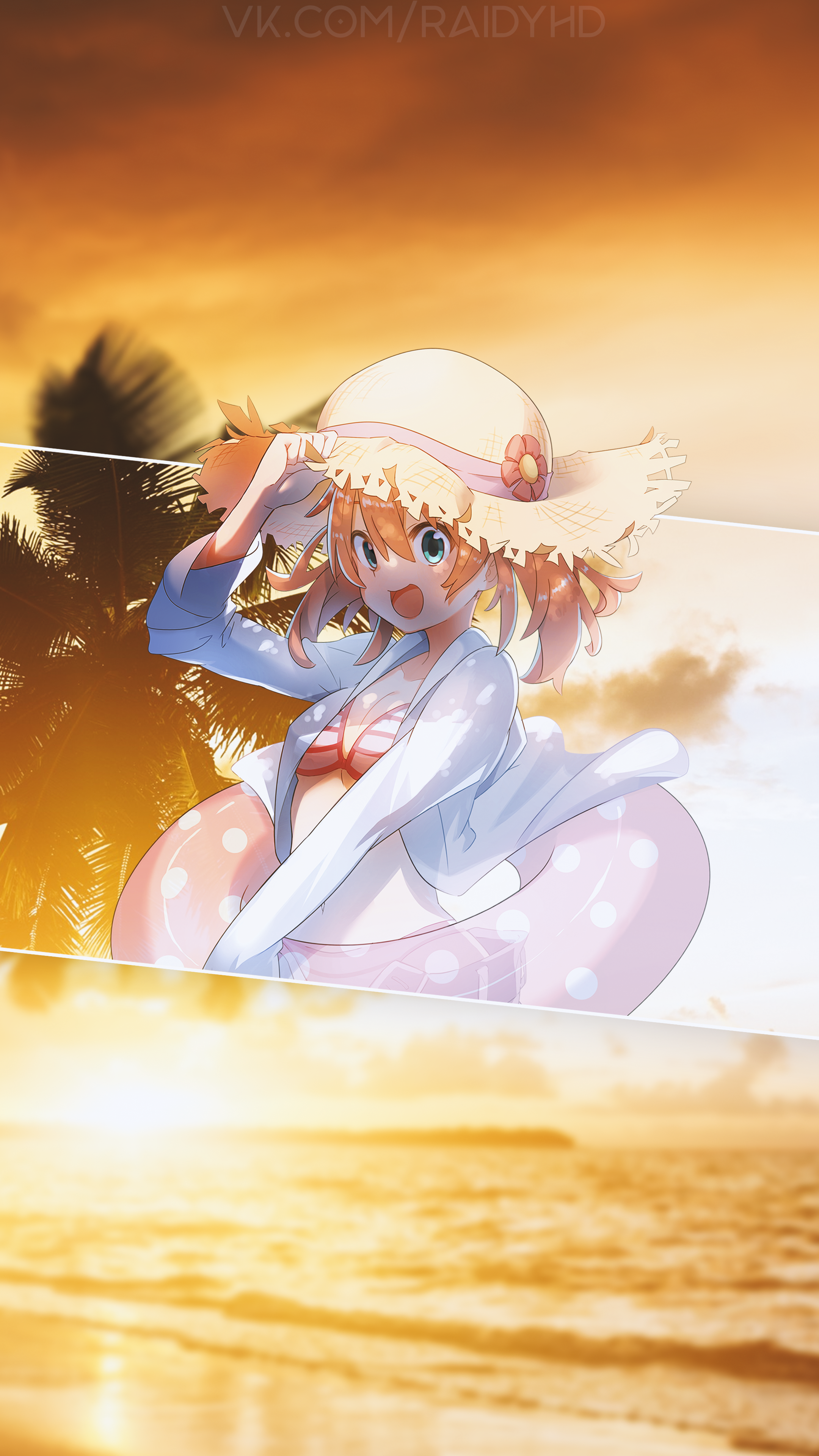 Anime 2160x3840 anime anime girls picture-in-picture beach palm trees floater straw hat open jacket sunset sunset glow