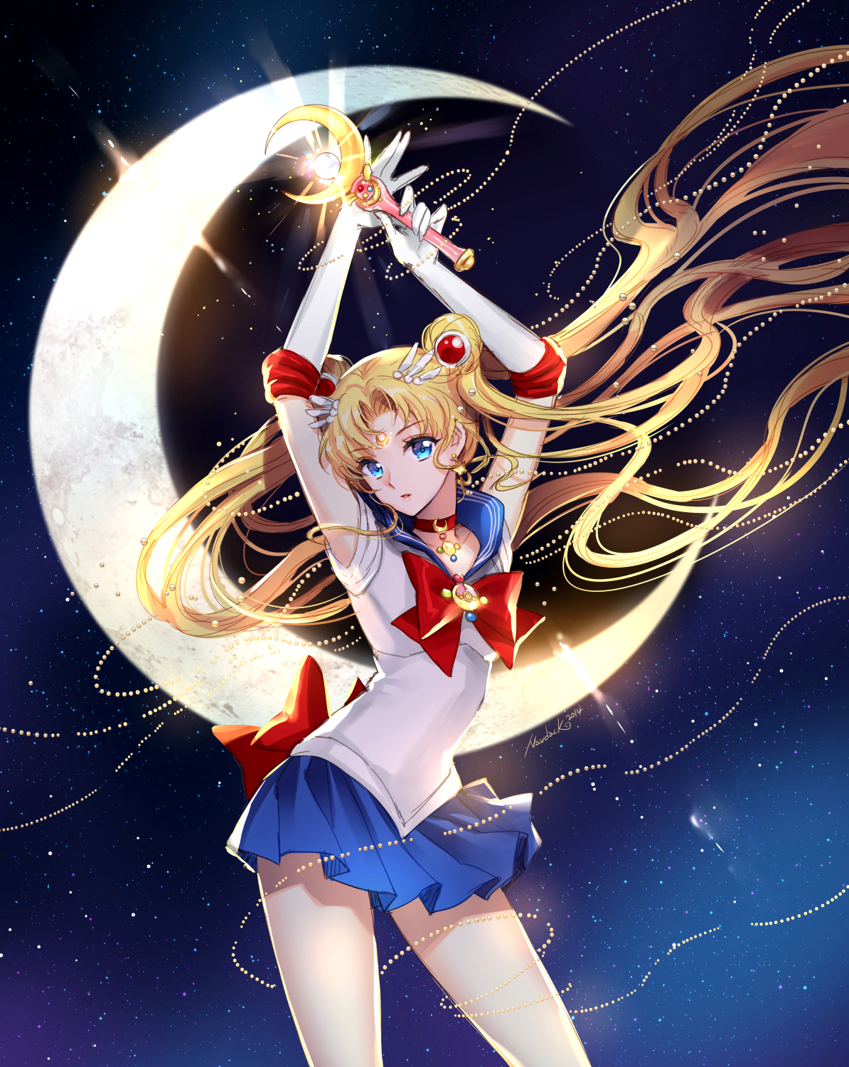 Anime 1194x1500 anime anime girls Sailor Moon Half Moon starred sky arms up long hair blonde blue eyes Tsukino Usagi Nardack sailor uniform Sailor Moon (Character)