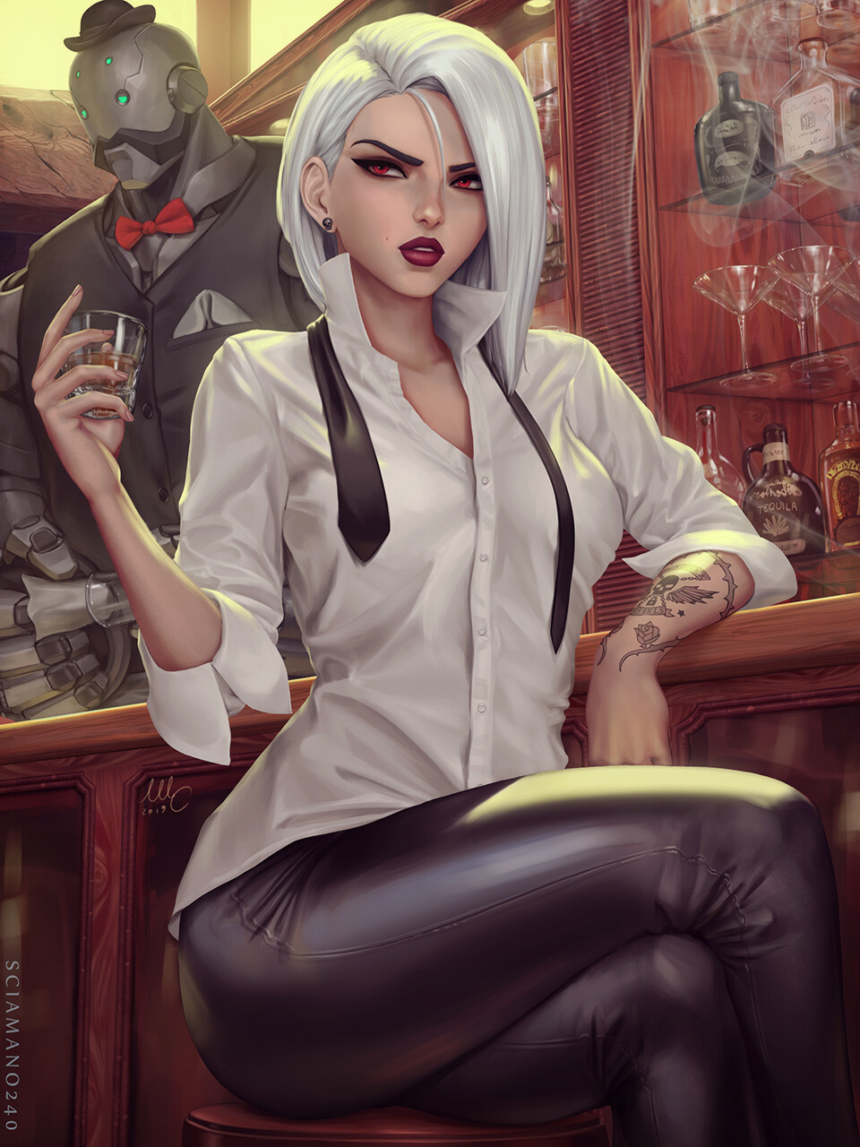 General 960x1280 video game girls video games PC gaming red eyes tie robot tattoo legs crossed Mirco Cabbia Overwatch Ash (Overwatch) Ashe (Overwatch) moles red lipstick