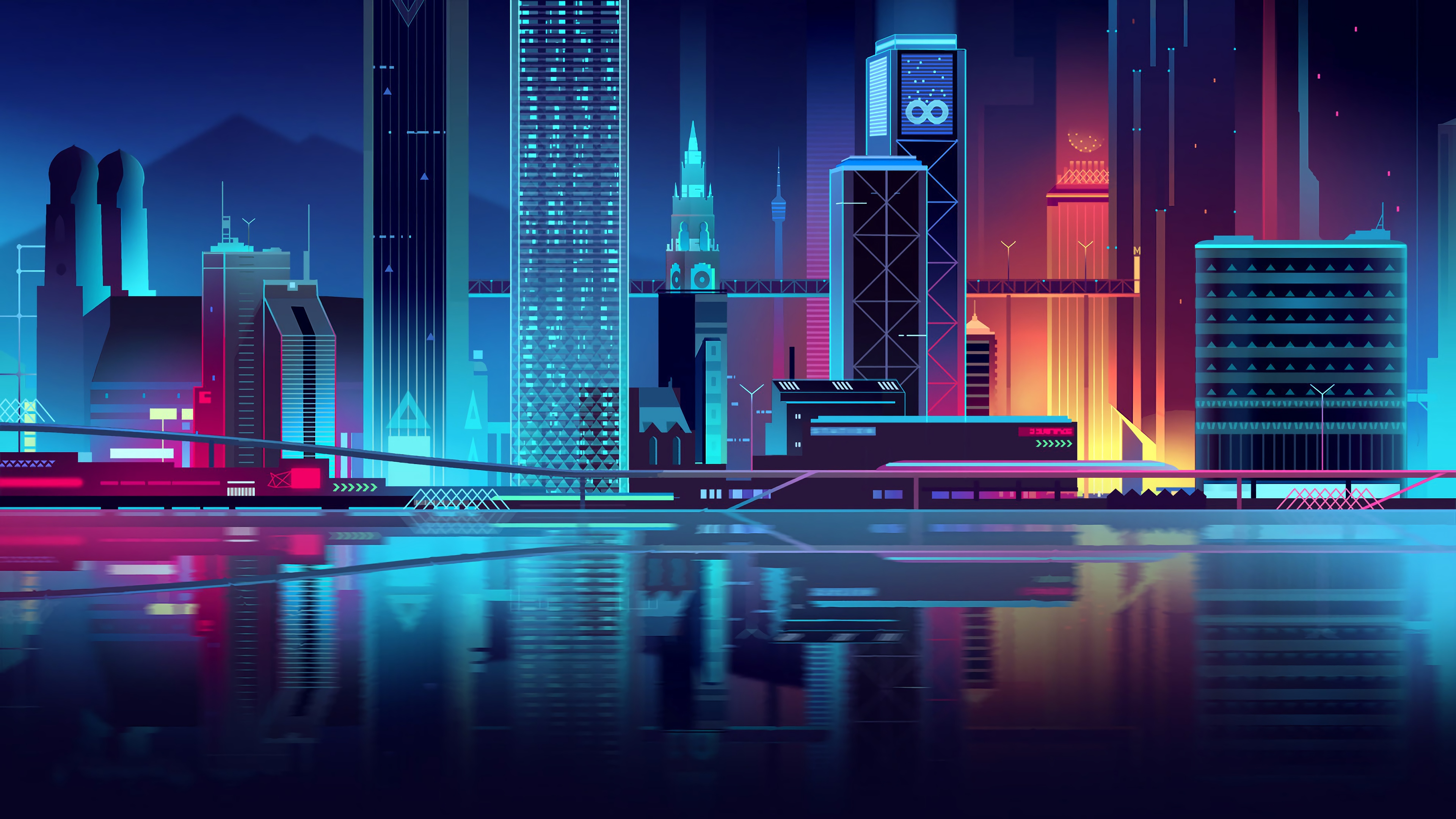 General 3840x2160 digital art artwork illustration vector vector art Romain Trystram city cityscape lights city lights neon building architecture urban modern futuristic cyber cyber city water sea reflection colorful blue cyan red yellow landscape tower skyscraper