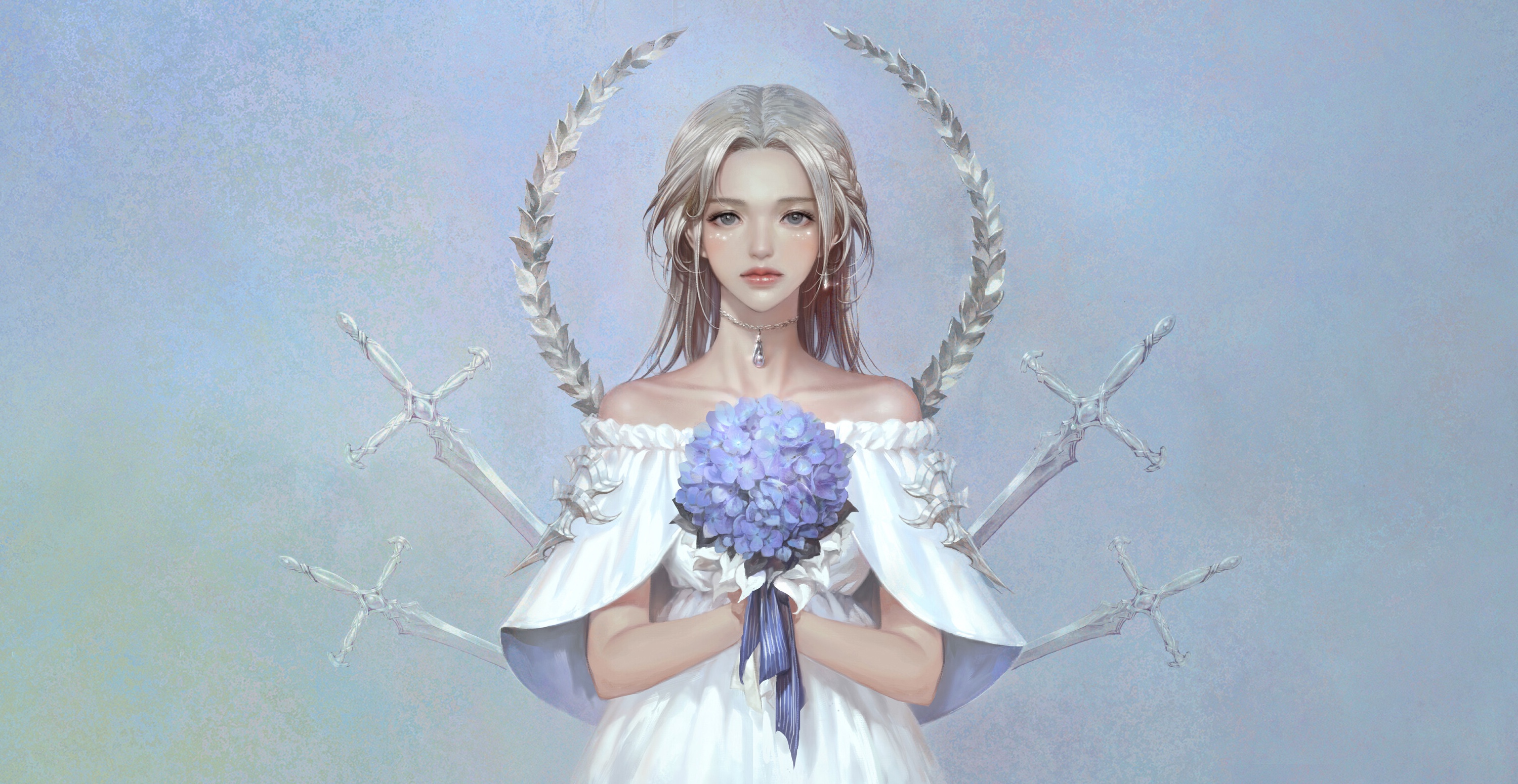 General 3000x1550 fantasy art fantasy girl flowers white dress simple background artwork