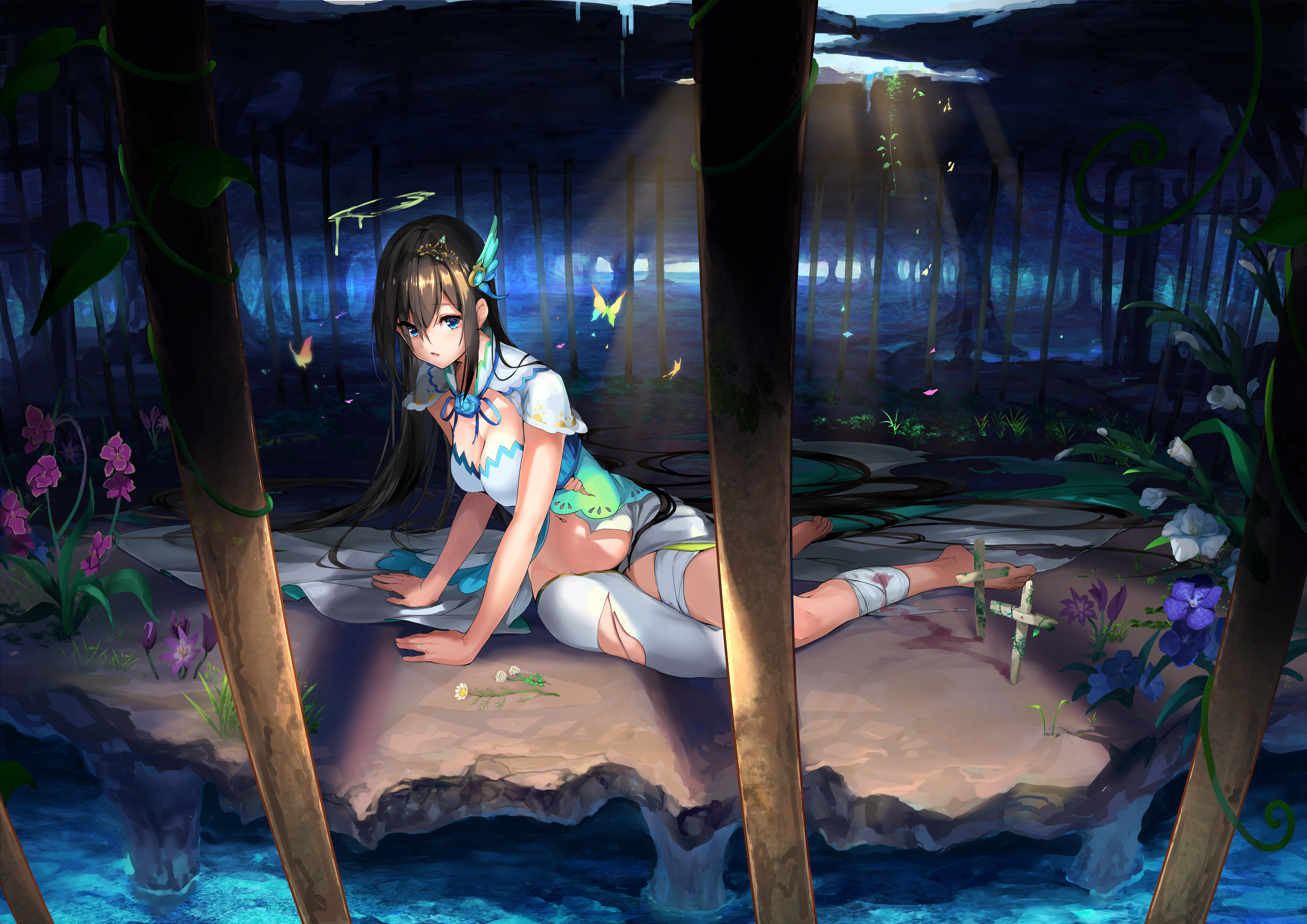 Anime 5252x3714 anime girls anime original characters brunette long hair blue eyes cleavage belly torn clothes cave underground butterfly fantasy art sun rays artwork drawing digital art illustration 2D Maeshimashi