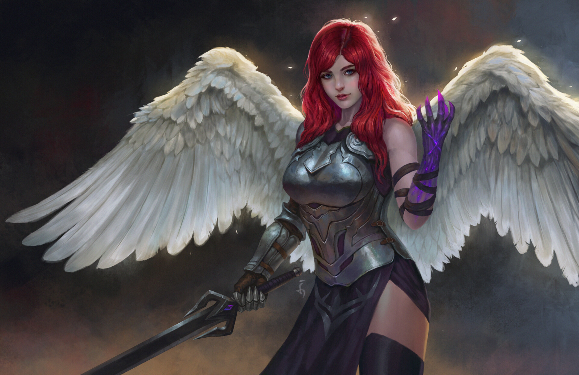 General 1920x1242 artwork fantasy art women redhead fantasy girl angel wings sword armor long hair blue eyes Angan Kelana