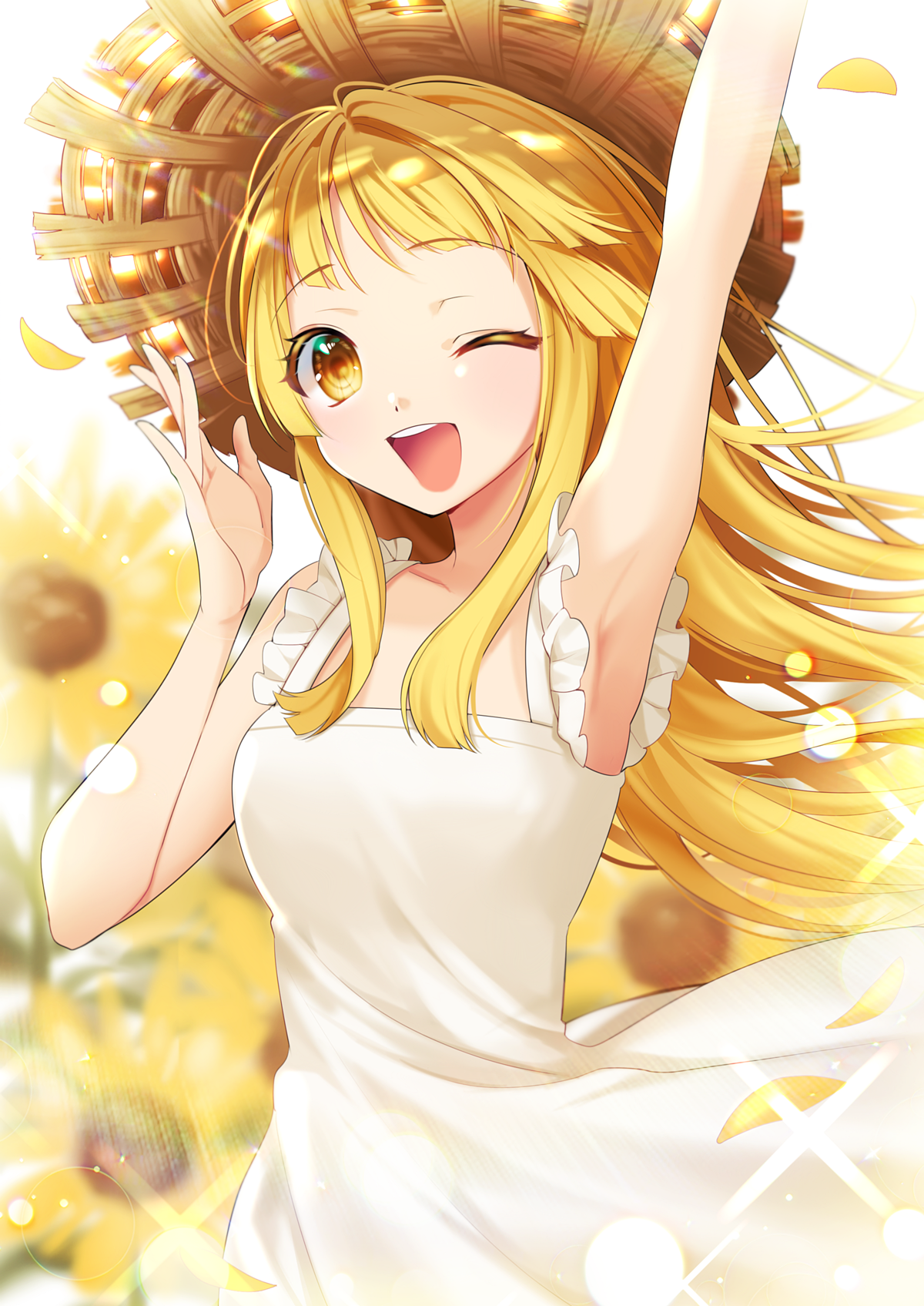 Anime 1200x1695 anime anime girls digital art artwork portrait display 2D MiNORi (artist) blonde long hair yellow eyes wink straw hat dress sun dress sunflowers