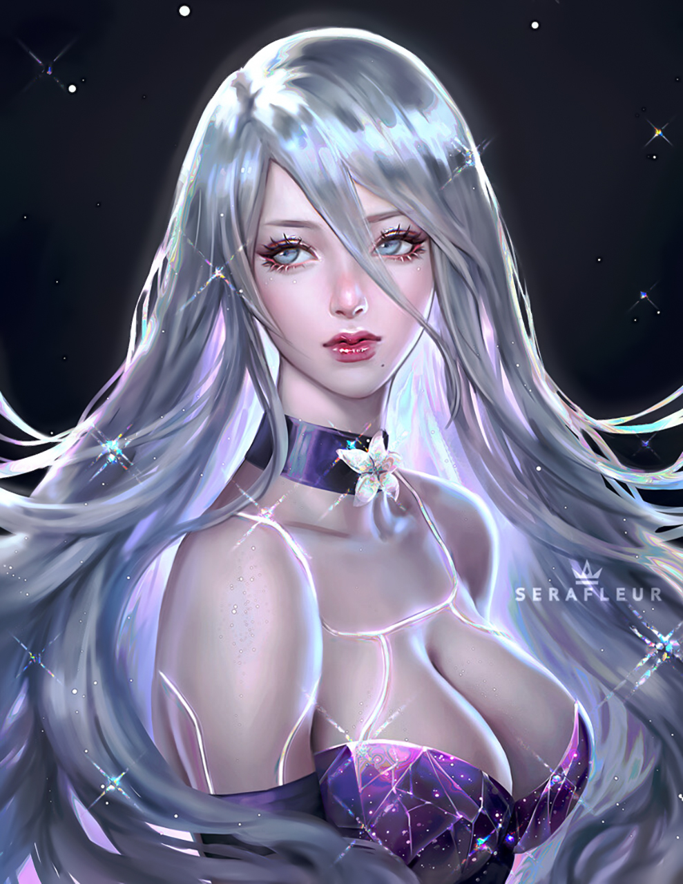 General 989x1280 Abigail Diaz drawing Nier: Automata women androids silver hair long hair blue eyes looking away choker flowers crystal  shining dress purple clothing stars bare shoulders strapless dress glitter hair A2 (Nier: Automata) digital art portrait display watermarked