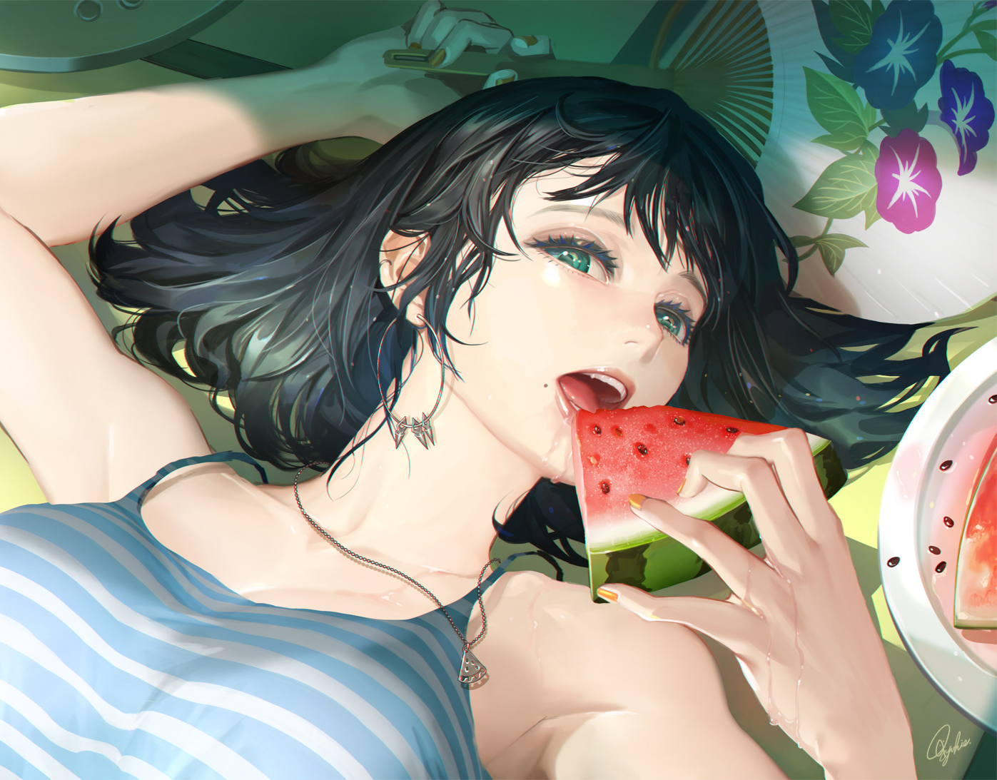 Anime 1397x1093 anime anime girls black hair dark hair green eyes necklace watermelons eating hand fan Tajima Yukie