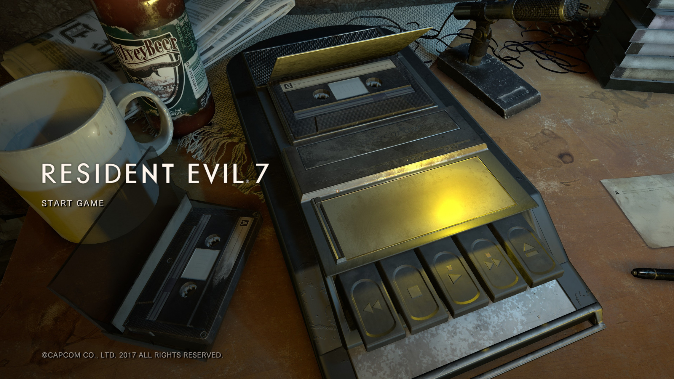 General 2274x1280 Resident Evil 7: Biohazard screen shot video games Capcom table cup beer cassette bottles barcode numbers 2017 (Year) tape recorder title