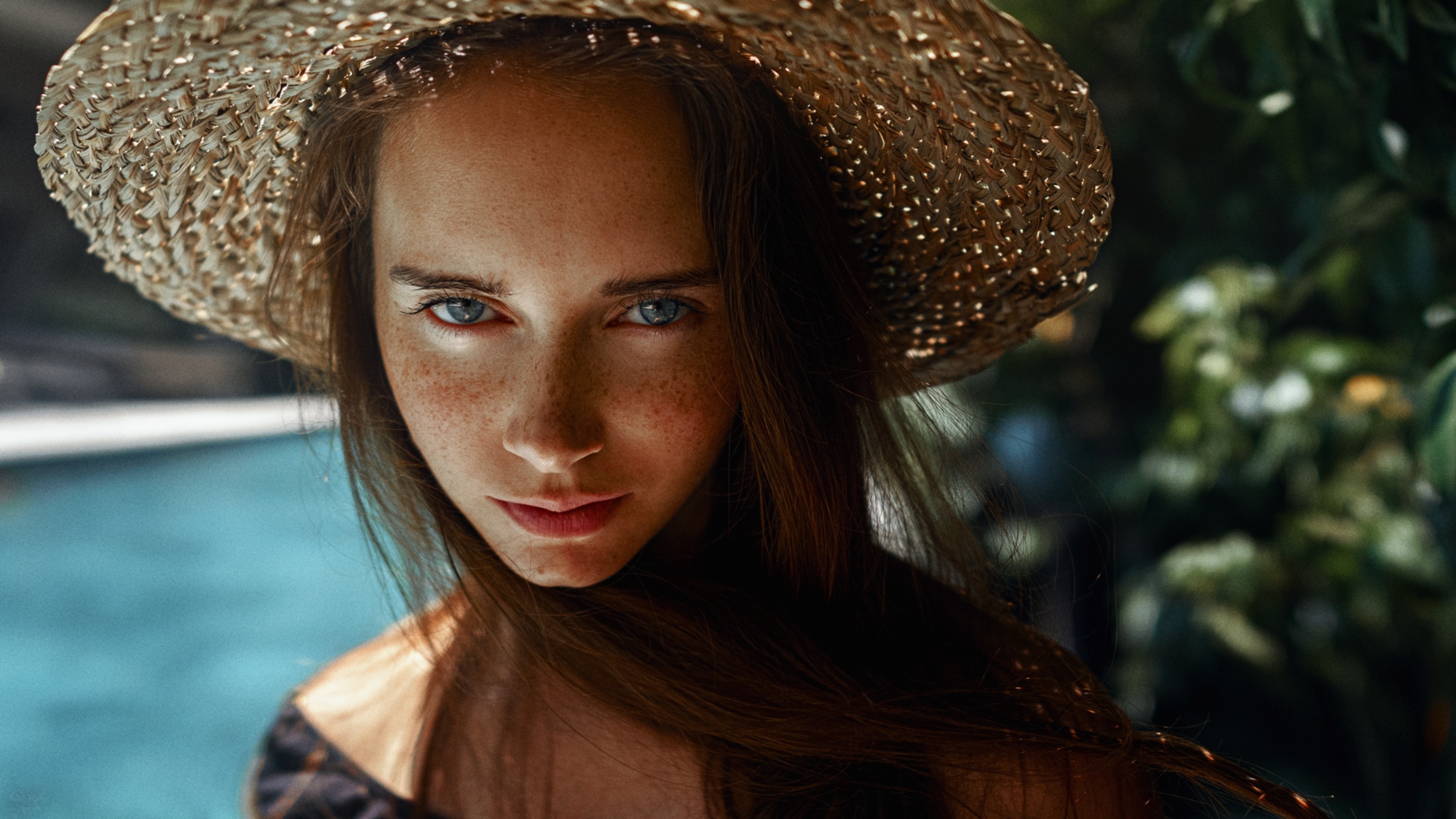 People 2000x1125 women model face women outdoors outdoors looking at viewer hat blue eyes freckles brunette long hair Anastasia Nelen Georgy Chernyadyev