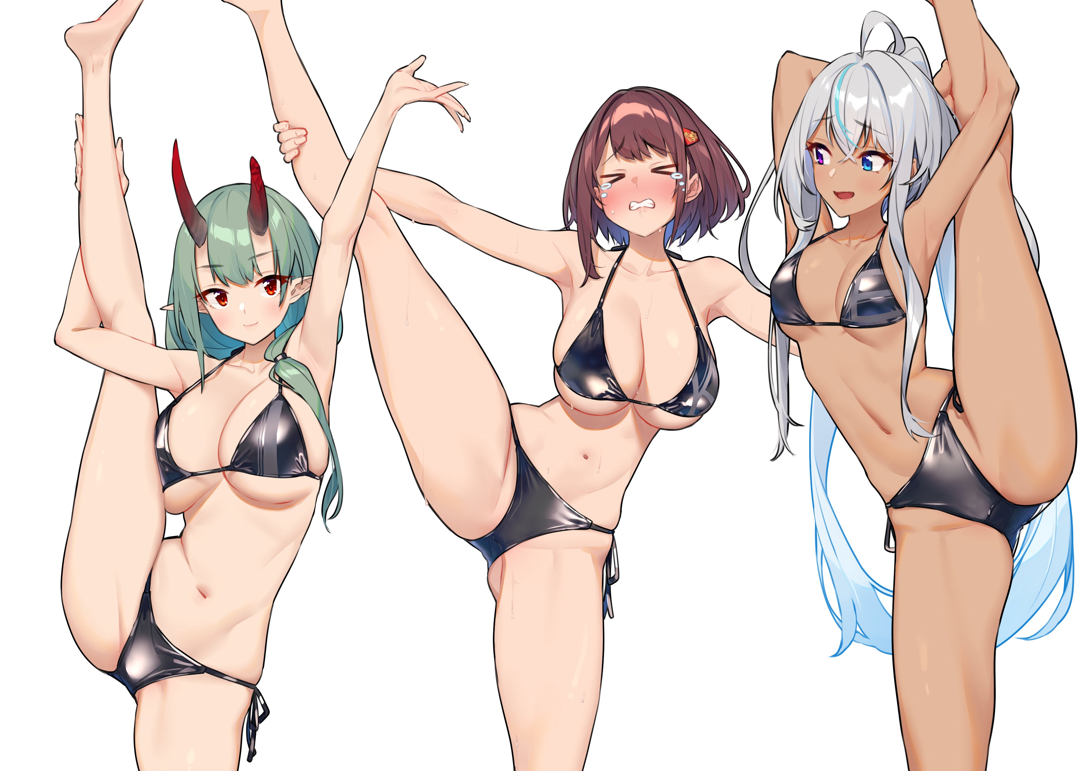 Anime 3541x2507 anime girls simple background original characters drawing Baffu bikini oni girl horns dark skin green hair brunette silver hair blue hair long hair tanned red eyes blue eyes thin eyebrows thick eyelashes closed eyes tears open mouth pointy ears cleavage big boobs splits standing arms up