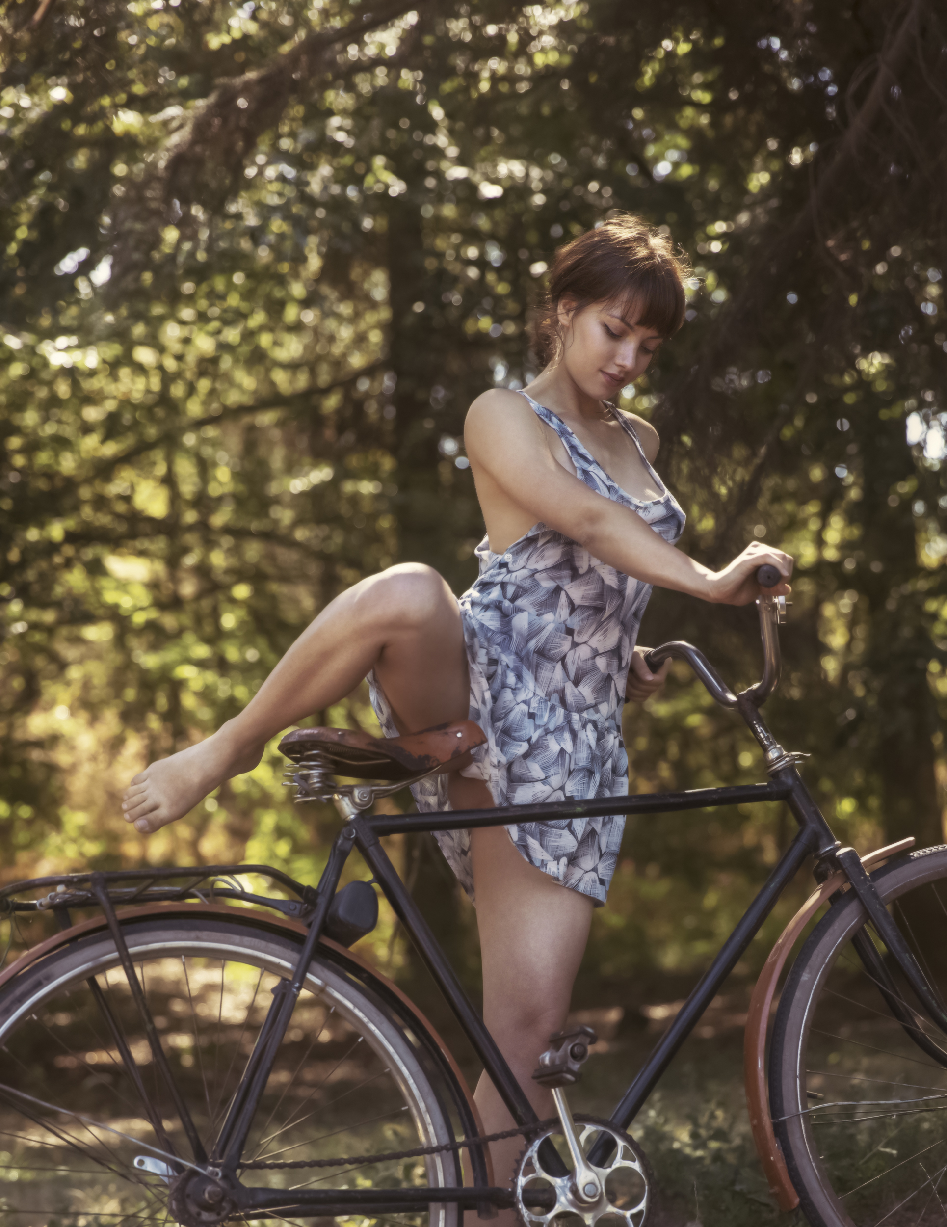 People 1930x2500 David Dubnitskiy women brunette short hair dress pattern lingerie panties barefoot bicycle trees smiling upskirt pointed toes spread legs women with bicycles