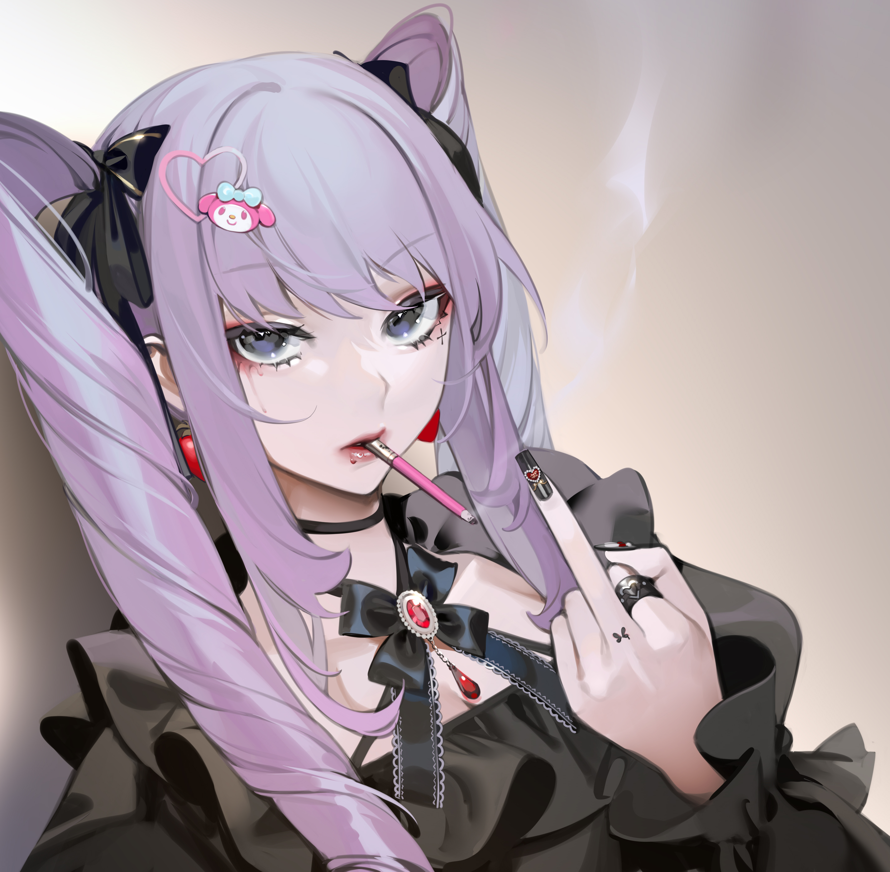 Anime 2856x2796 anime anime girls simple background smoking dress twintails purple hair dark eyes ohisashiburi gothic lolita