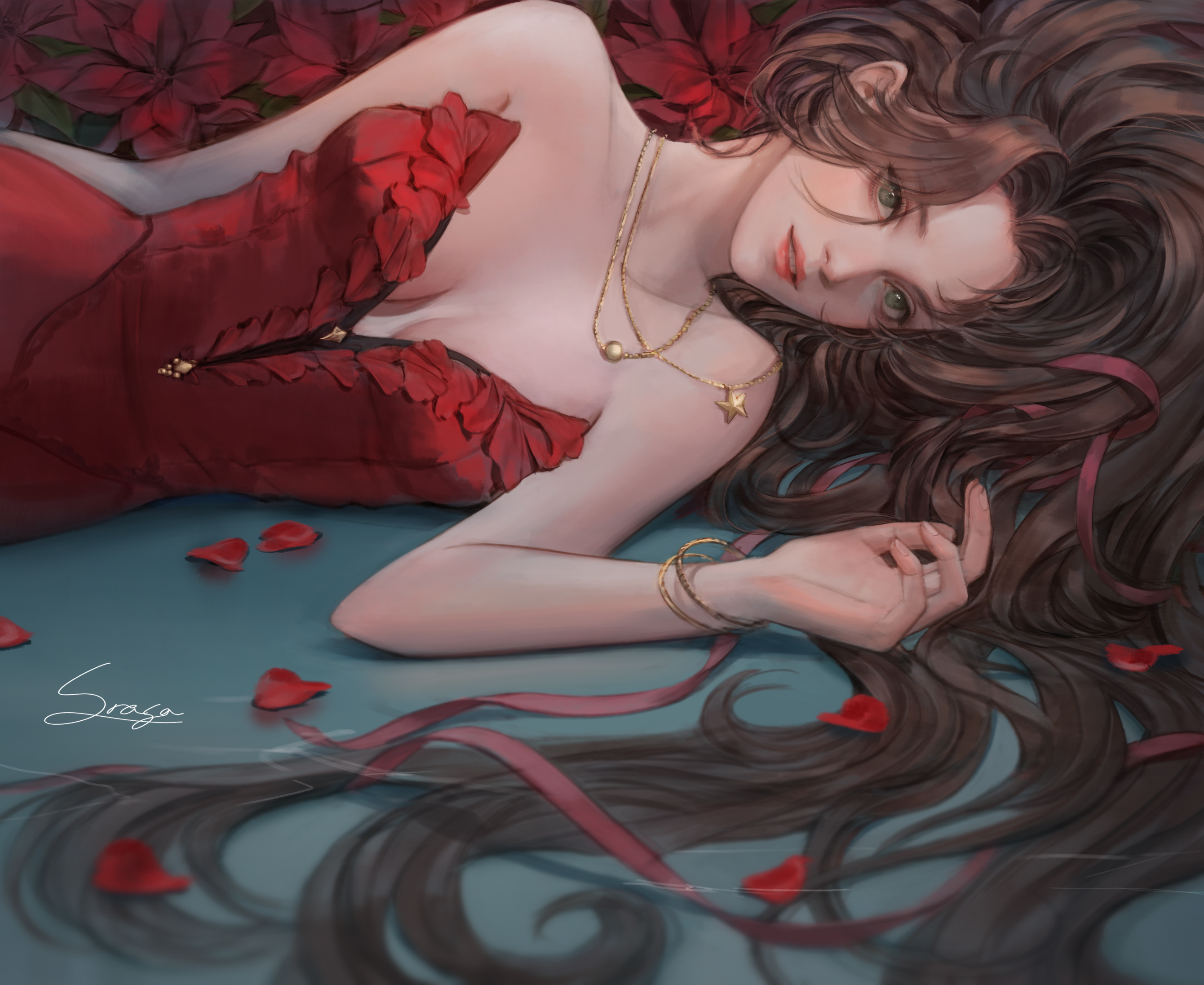 General 2680x2192 Final Fantasy VII women dress red dress necklace brunette boobs cleavage lying on side green eyes video games video game art video game girls Aerith Gainsborough srasa018