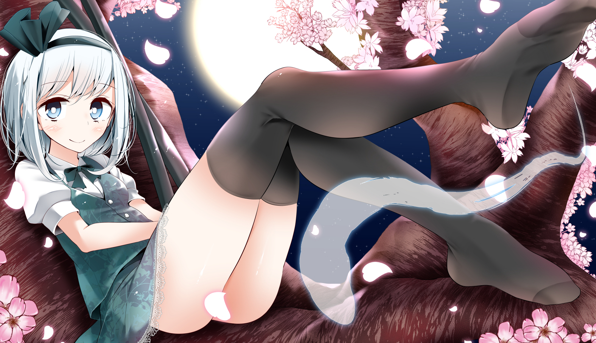 Anime 2000x1152 Touhou thigh-highs Konpaku Youmu anime girls oouso nopan strategic covering cherry blossom