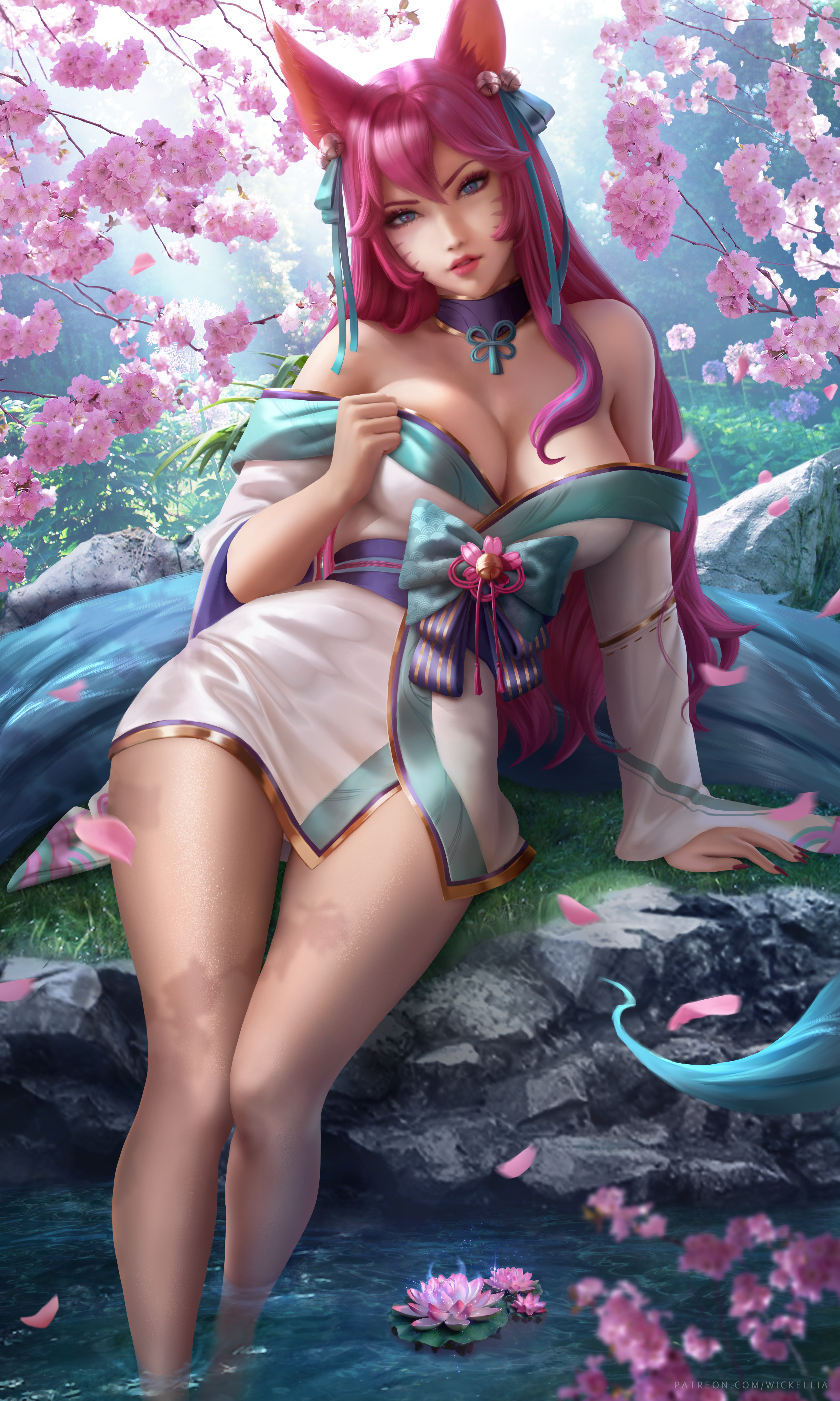 General 3899x6500 illustration artwork digital art fan art drawing Wickellia video games video game girls video game characters League of Legends Ahri (League of Legends) spirit blossom women looking at viewer legs pink hair water cleavage fantasy girl long hair