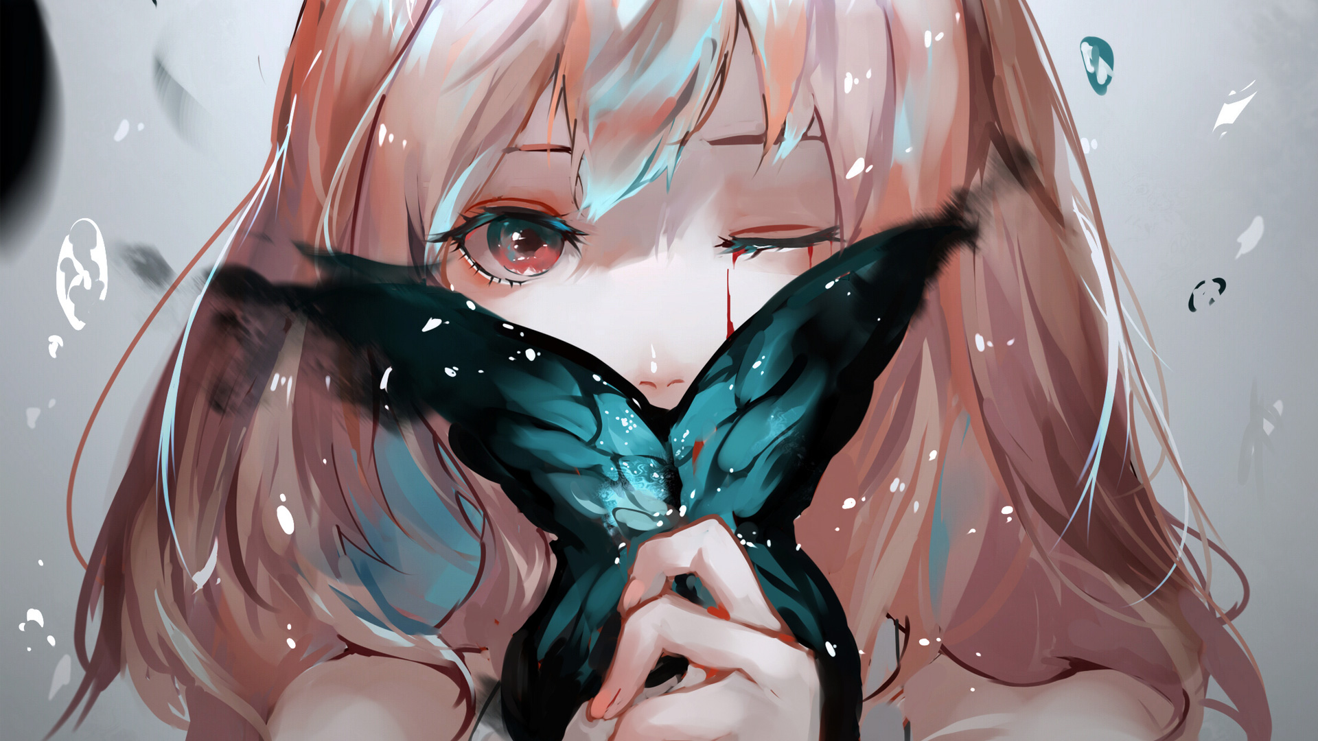 Anime 1920x1080 anime butterfly anime girls cropped artwork Vardan Forever 7th Capital pink hair red eyes one eye closed blood