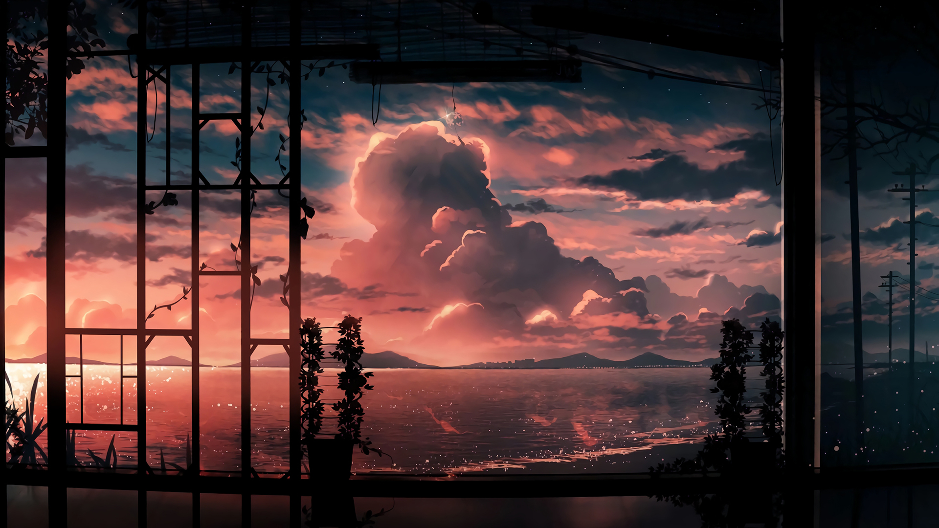 Anime 1920x1080 clouds water sunset moescape