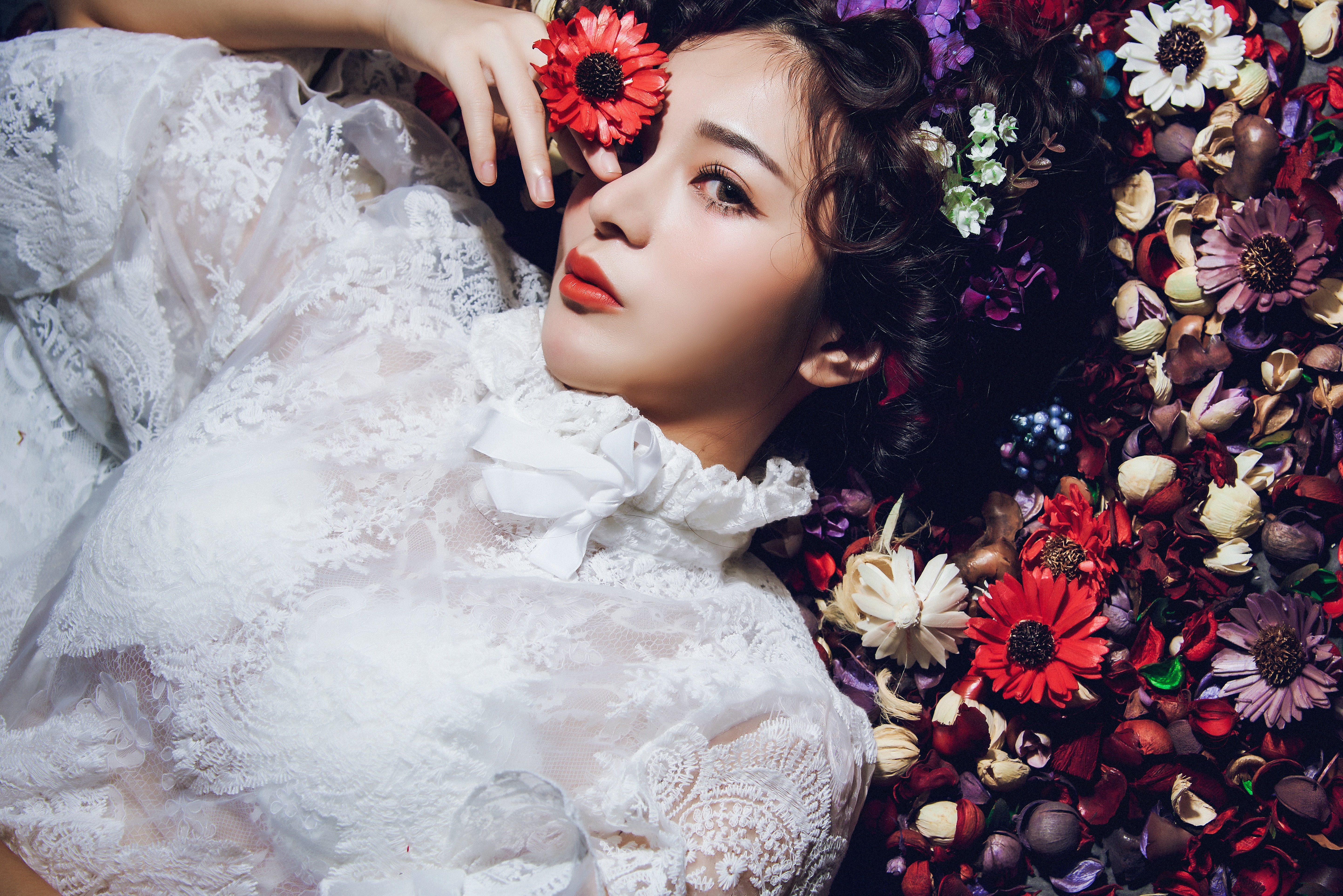 People 5770x3852 Asian women model flowers white dress red lipstick