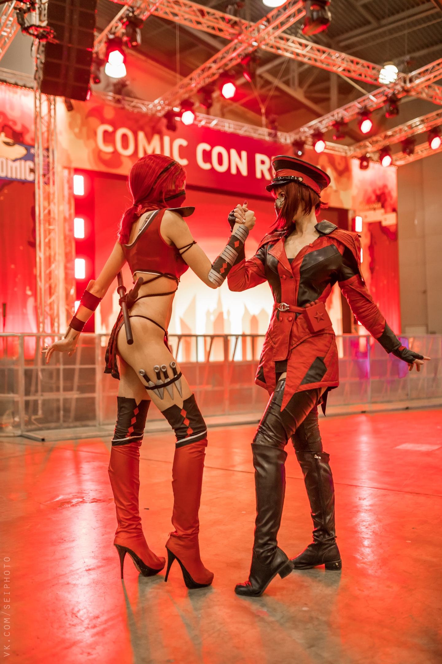People 1440x2160 SeiPhoto women cosplay two women Mortal Kombat redhead straps high heels boots red red clothing leather model hat women with hats video games video game girls video game warriors heels costumes Skarlet (Mortal Kombat)
