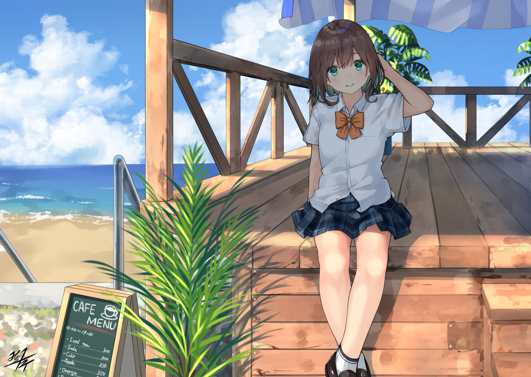 Anime 1784x1268 anime anime girls digital art artwork 2D portrait Miko fly beach school uniform short hair brunette green eyes smiling