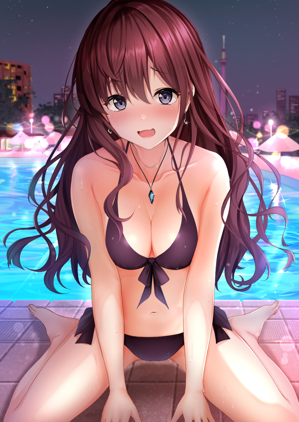 Anime 1032x1457 anime anime girls bikini open mouth necklace kneeling long hair brunette gray eyes blushing cleavage swimming pool artwork Karu THE iDOLM@STER Ichinose Shiki