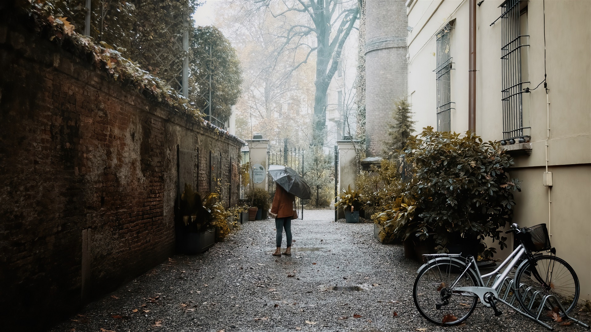 People 1920x1080 women women outdoors wall bicycle winter gates photography Paolo Barretta bushes nature urban city women with umbrella
