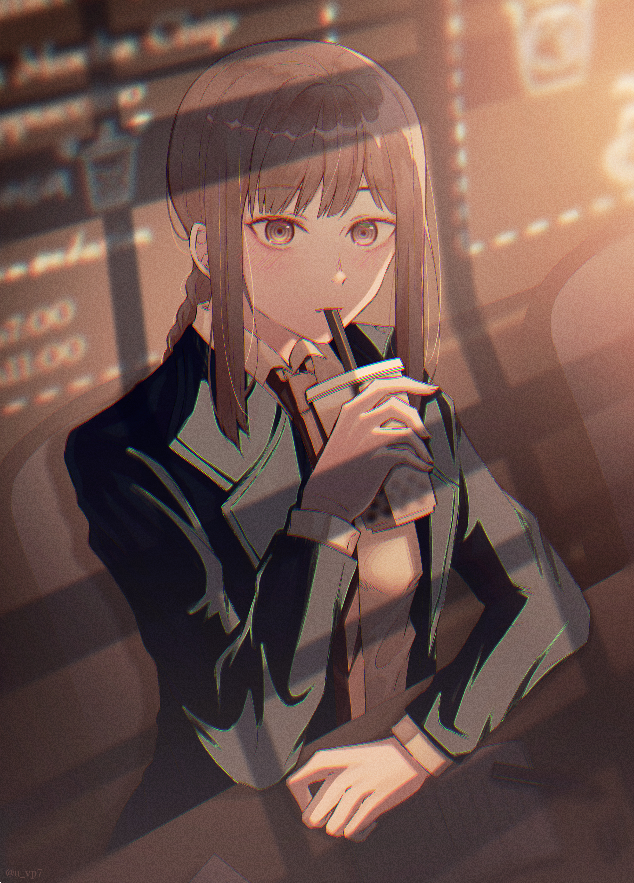Anime 2458x3420 Chainsaw Man manga Makima (Chainsaw Man) artwork tie anime anime girls face drinking brunette drawing ringed eyes drinking straw long hair brown eyes portrait display suit and tie natural light