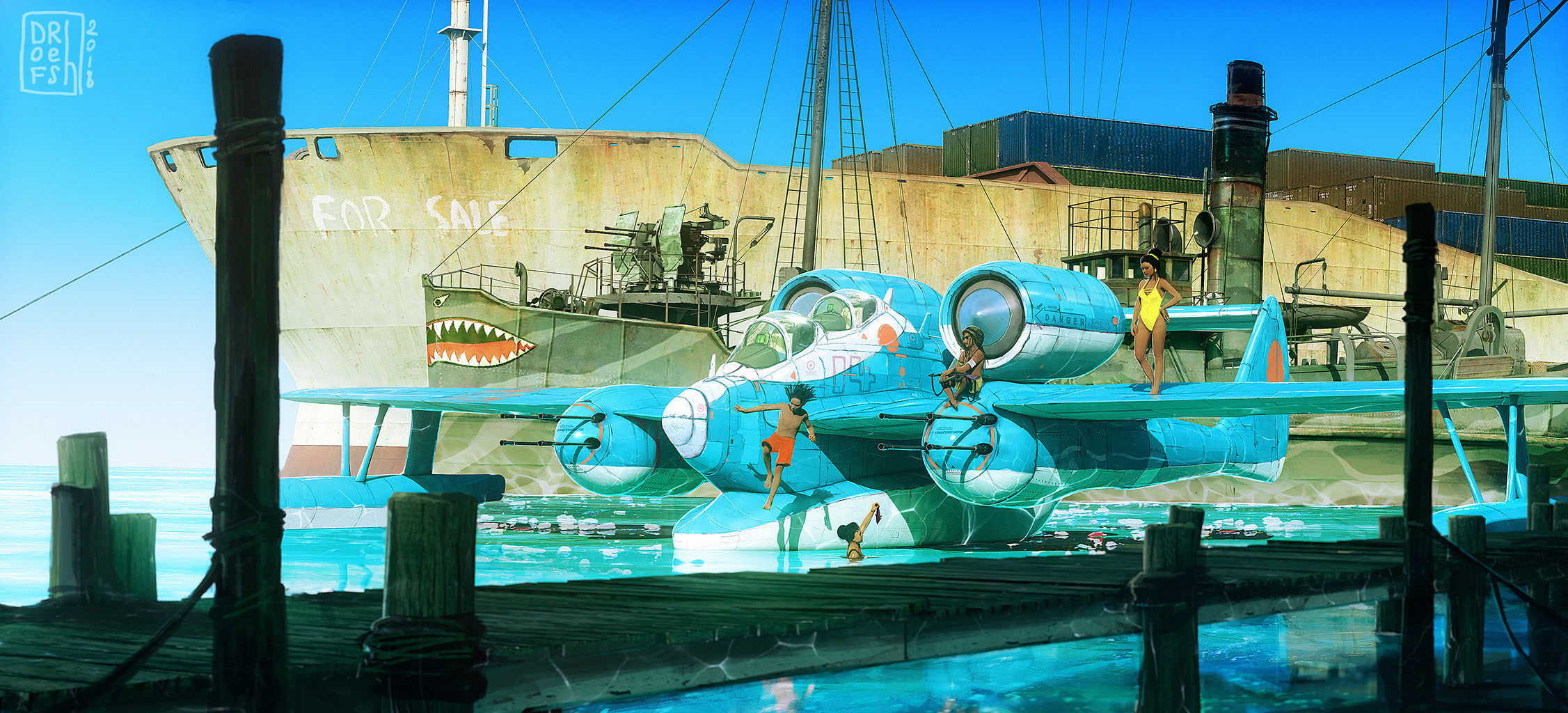 General 2253x1024 artwork digital art airplane swimming ship cyan