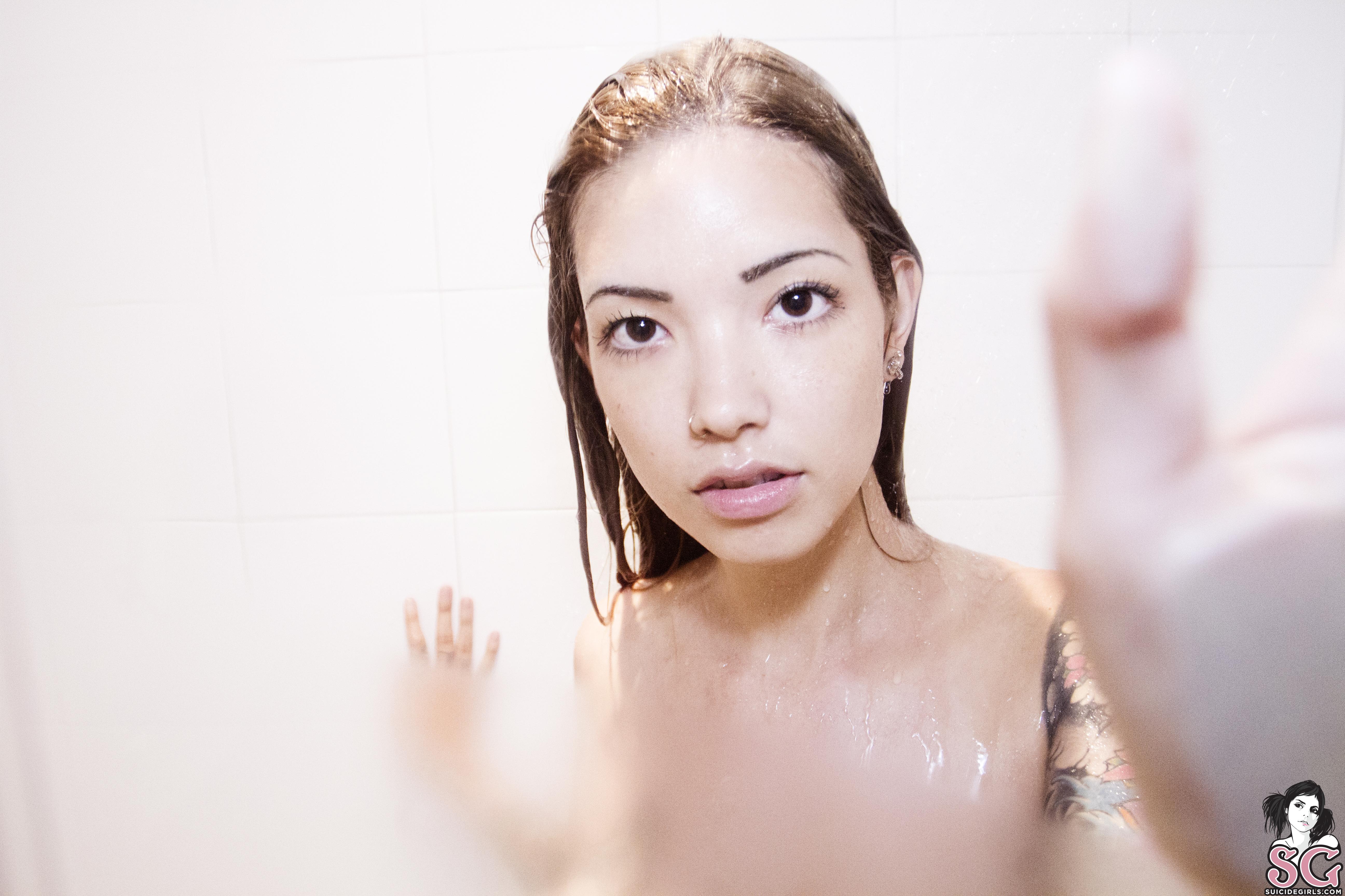 People 5184x3456 Myca Suicide Suicide Girls tattoo looking at viewer shower wet body nose ring Asian women