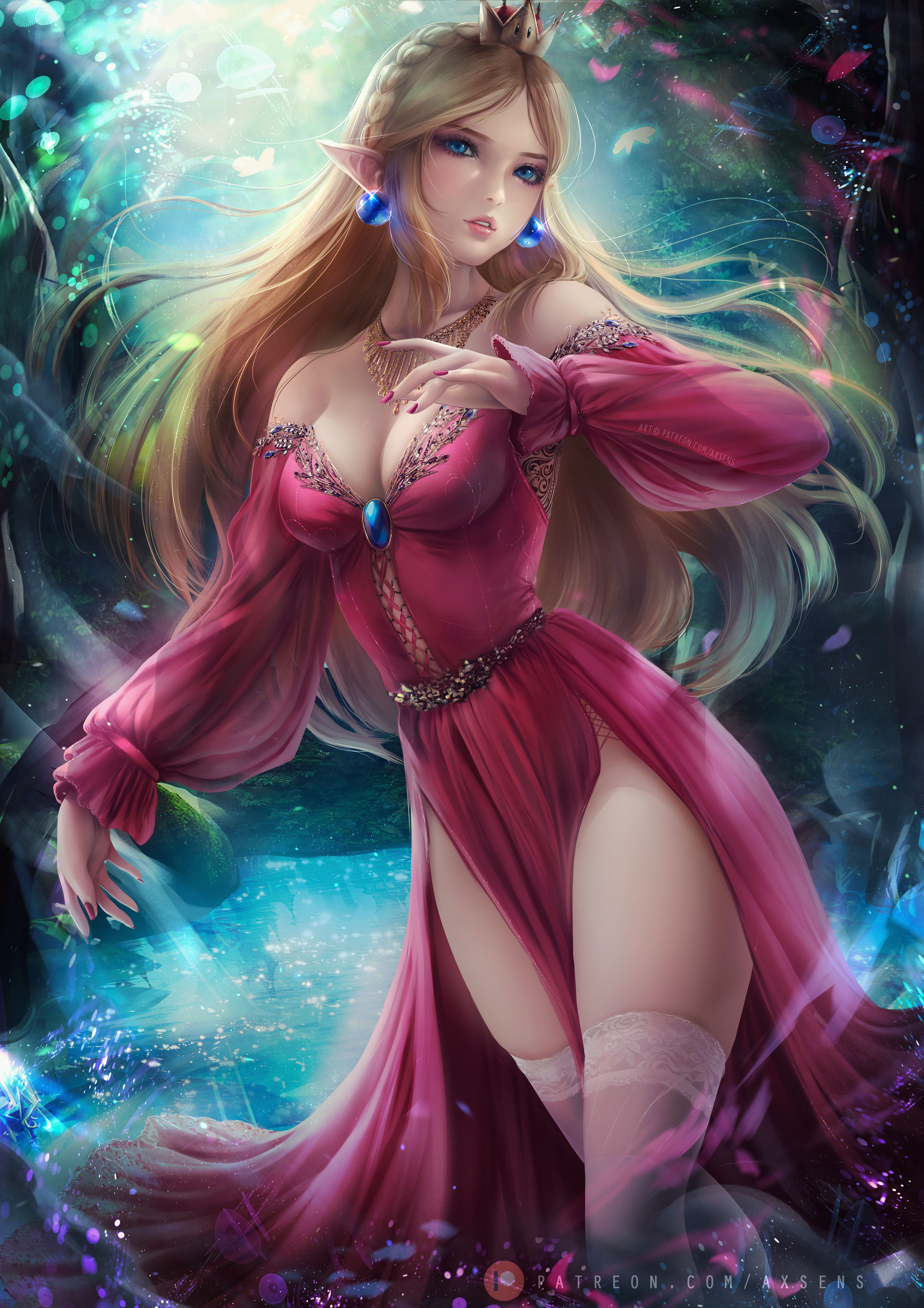General 3532x5000 illustration artwork digital art fan art Axsens drawing long hair blonde Super Mario blue eyes video game characters video game girls boobs pointy ears thighs stockings painted nails red nails crown Princess Peach