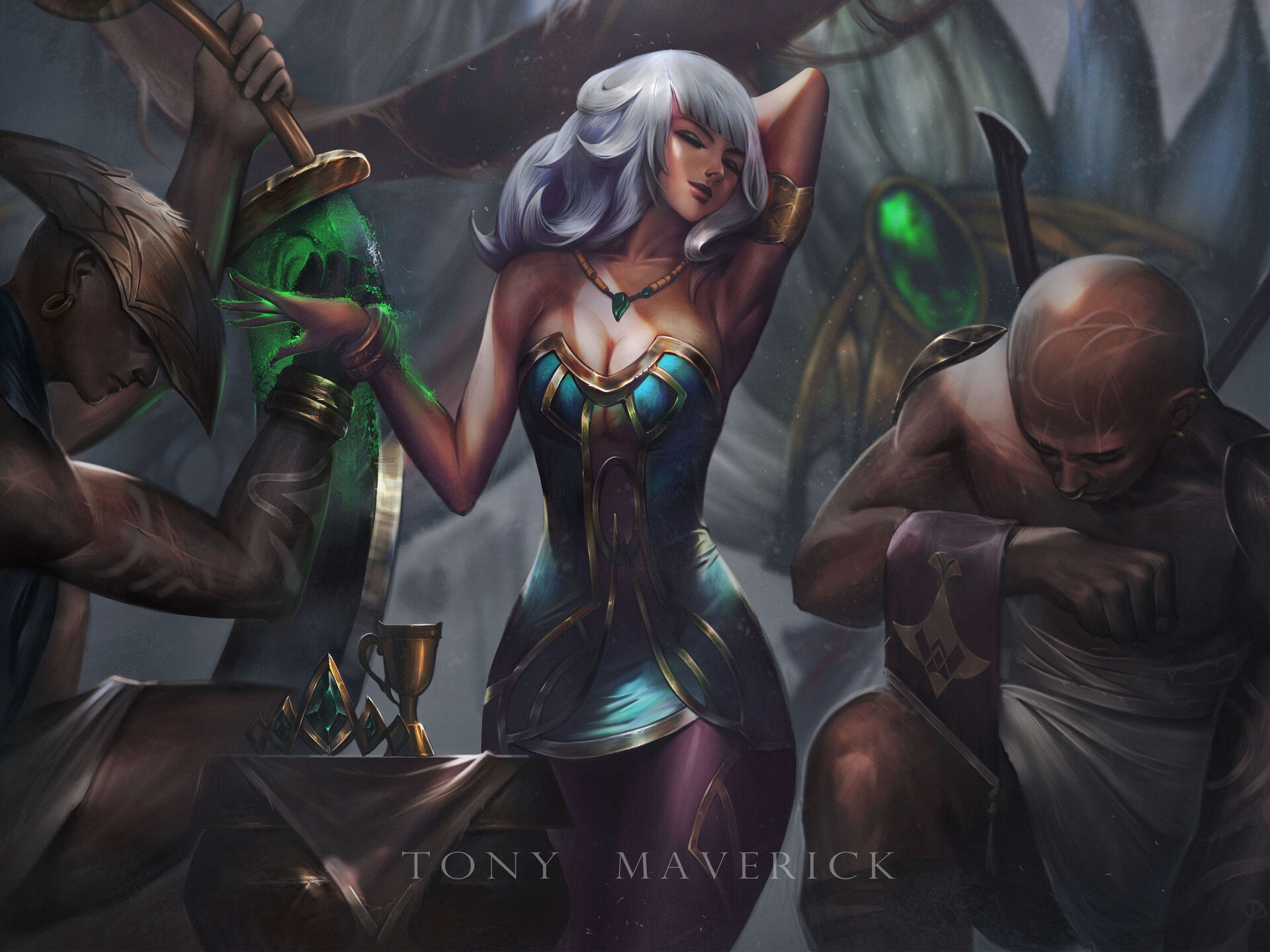 General 1920x1440 artwork fantasy art fantasy girl necklace Qiyana (League of Legends) League of Legends cleavage digital art watermarked closed eyes Tony Maverick armpits one arm up closed mouth makeup weapon video game characters bald video game girls