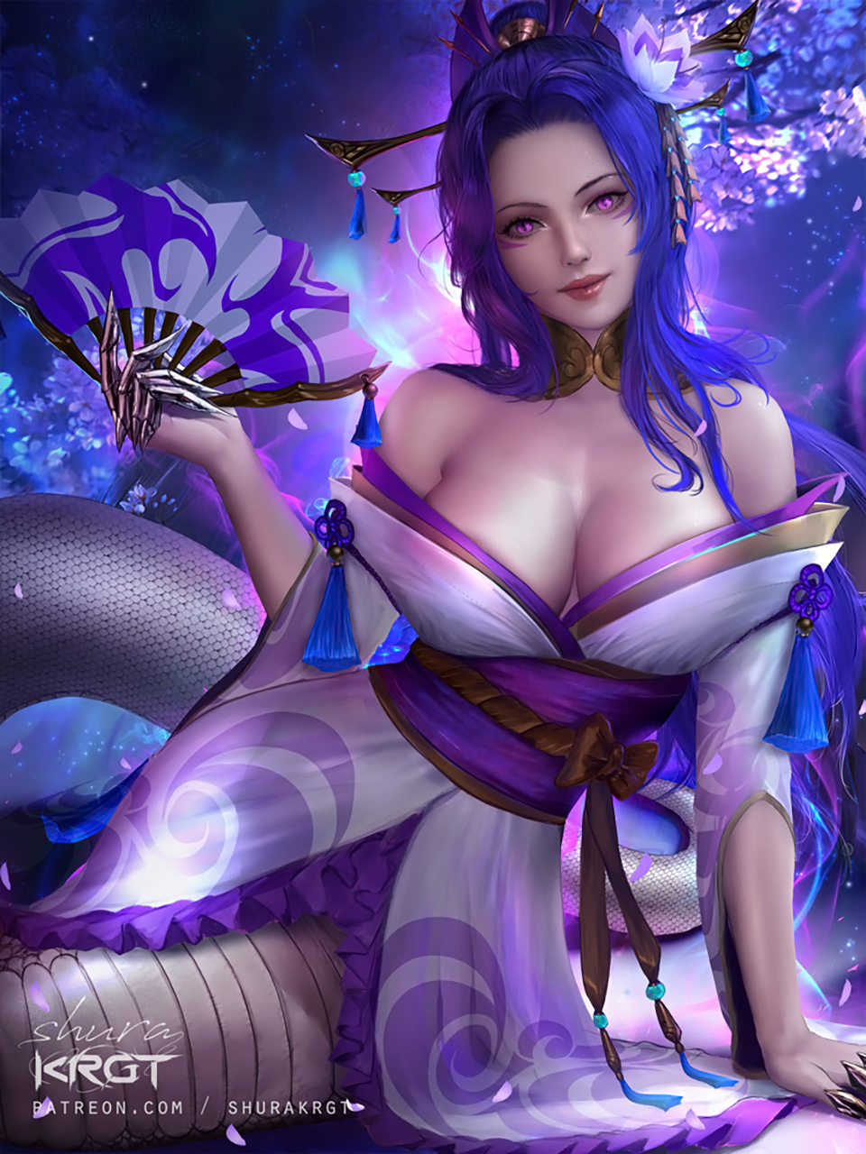 General 960x1280 Shu Rakuro Ryugenthor drawing women blue hair dress cleavage spirit blossom League of Legends fans blue magic purple eyes Cassiopeia (League of Legends)