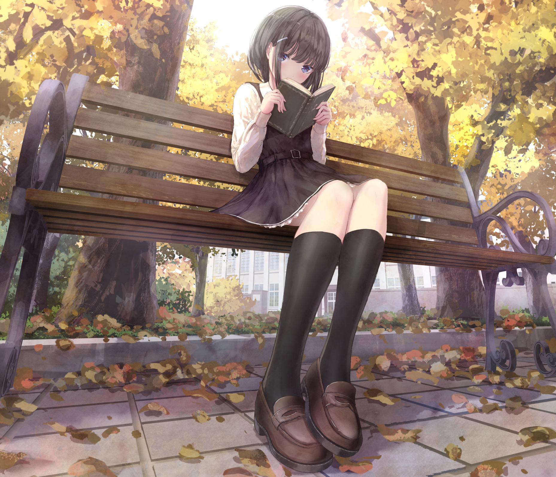Anime 1858x1595 anime anime girls digital art artwork 2D portrait display fall bench books missile228