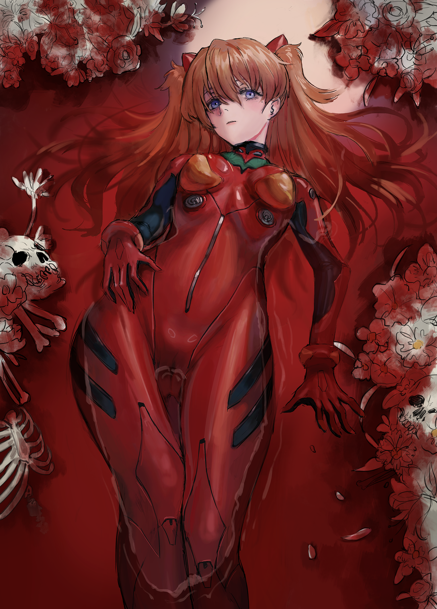 Anime 1535x2139 Neon Genesis Evangelion small boobs long hair twintails anime girls redhead plugsuit bodysuit cameltoe portrait display thighs thick thigh curvy anime Asuka Langley Soryu belly button blood lying on back skull and bones looking at viewer underboob the gap blue eyes 2D fan art ecchi wide hips