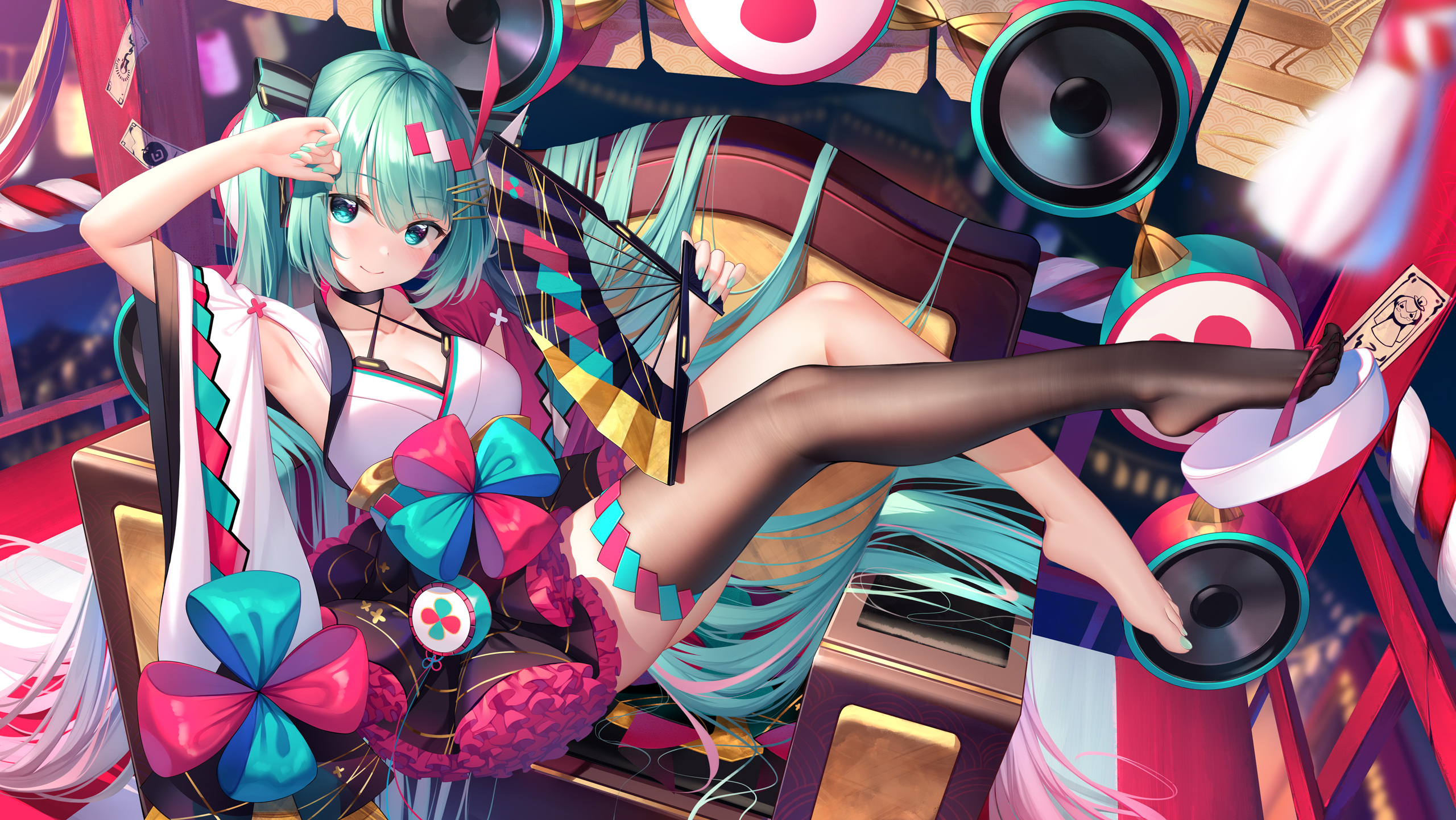 Anime 2560x1441 anime anime girls Vocaloid stockings feet legs colorful turquoise hair Pixiv Hatsune Miku MeloN smiling looking at viewer fans sitting armpits pointed toes twintails