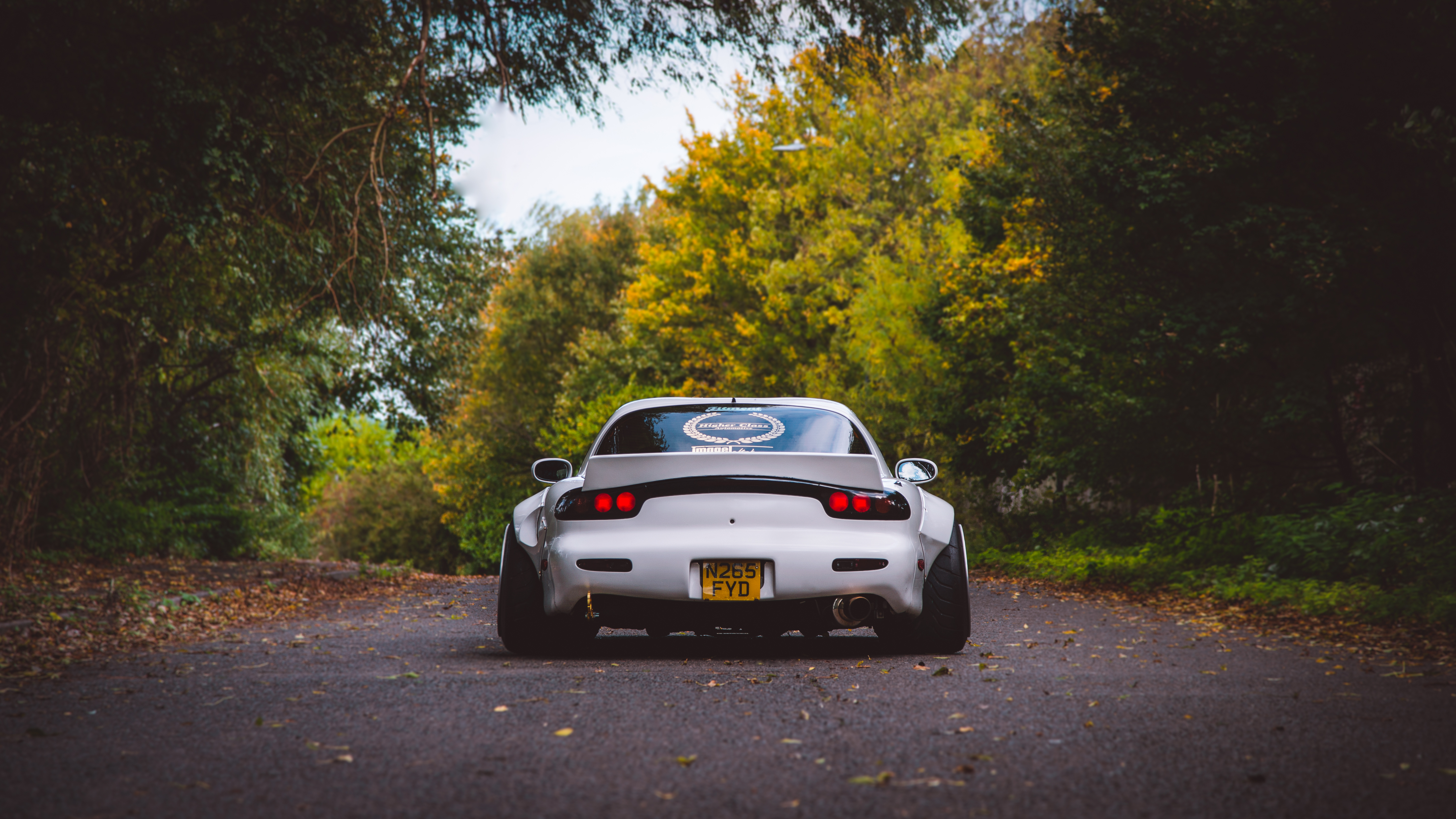 General 5120x2880 car vehicle tuning road trees white cars widebody Japanese cars Mazda RX-7 rear view bolt-on fender flares Mazda