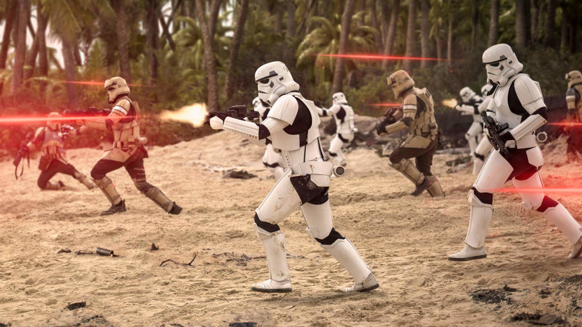 General 1920x1080 Star Wars stormtrooper Rogue One: A Star Wars Story beach battle blaster movies movie characters