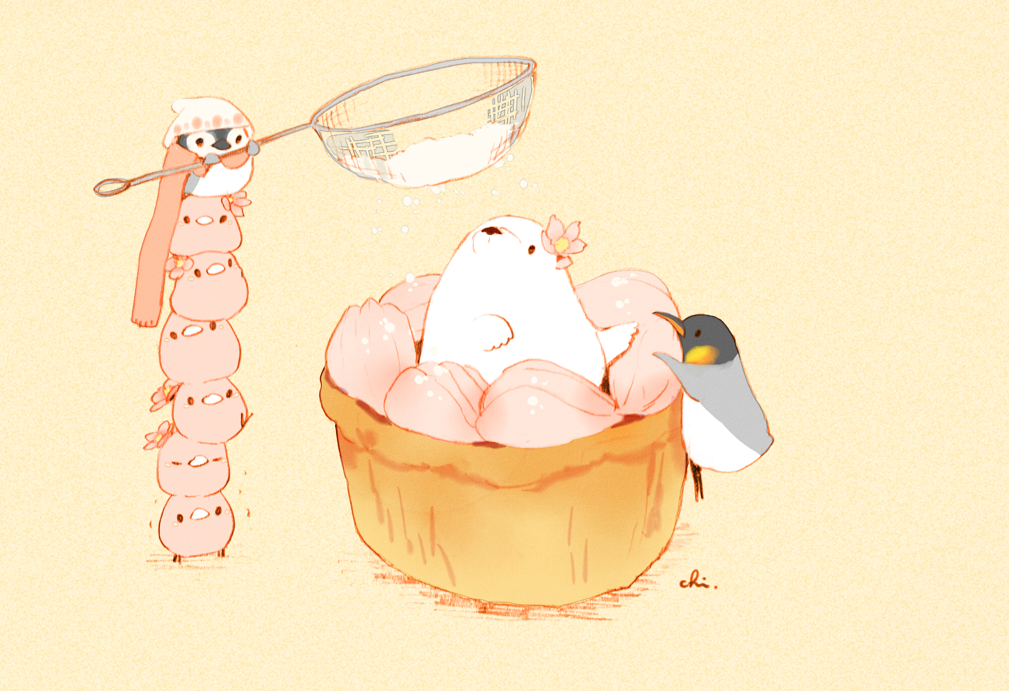 Anime 2000x1370 original characters Drawingchisanne simple background food digital art birds snow penguins