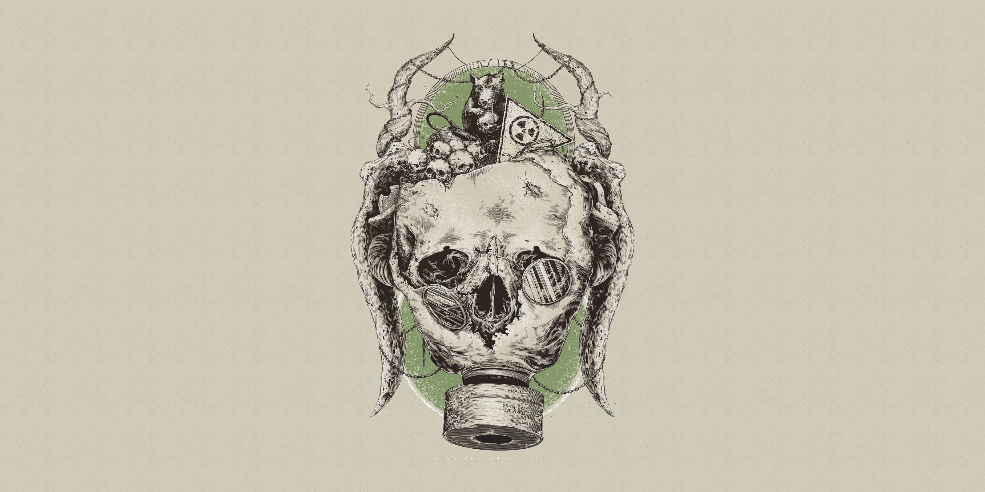 General 3200x1600 skull artwork Vlad Gradobyk gas masks radioactive death