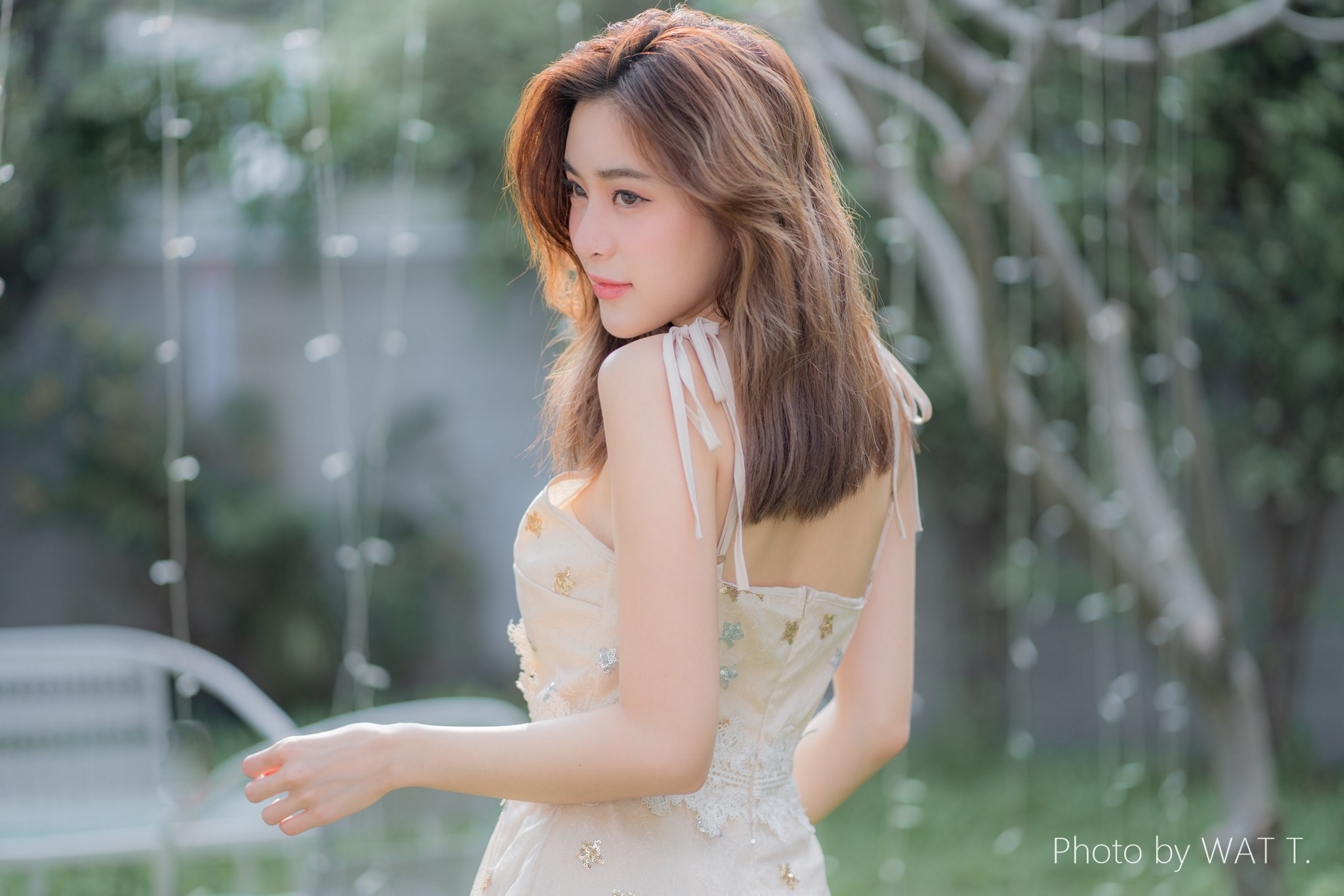 People 3200x2133 Asian model women long hair brunette dress lights trees chair grass