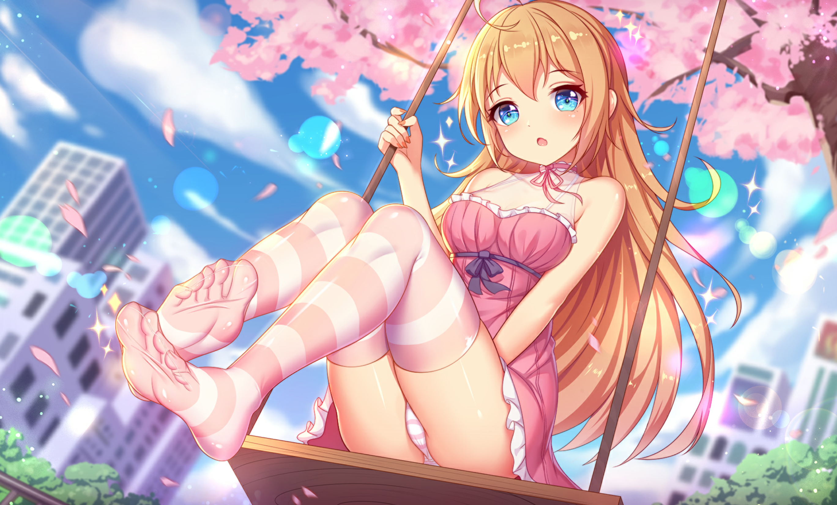 Anime 2736x1653 anime looking at viewer sheer stockings stockings feet toes blue eyes blonde long hair thigh-highs dress panties foot fetishism Game CG